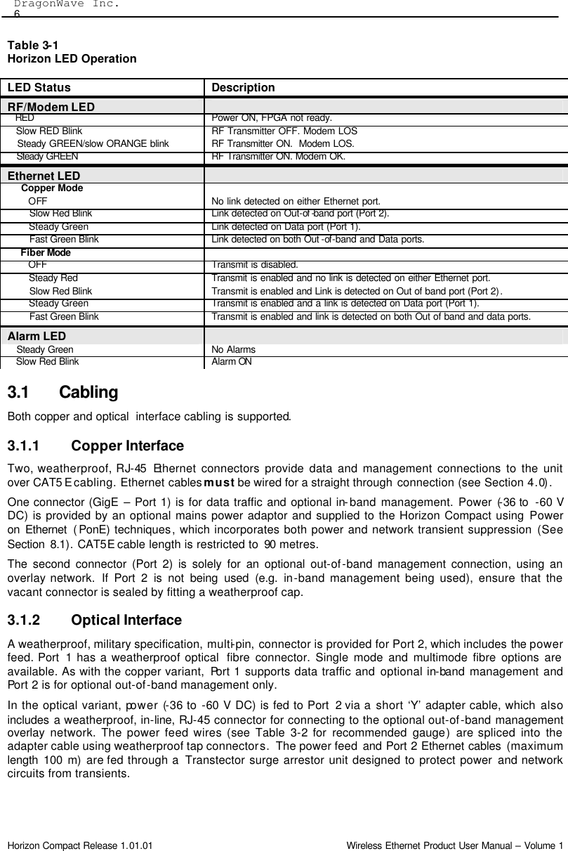  DragonWave Inc.   6 Horizon Compact Release 1.01.01                                                                         Wireless Ethernet Product User Manual – Volume 1 Table 3-1 Horizon LED Operation  3.1 Cabling Both copper and optical  interface cabling is supported. 3.1.1 Copper Interface Two, weatherproof, RJ-45 Ethernet connectors provide data and management connections to the unit over CAT5 E cabling. Ethernet cables must be wired for a straight through connection (see Section 4.0). One connector (GigE – Port 1) is for data traffic and optional in-band management. Power (-36 to  -60 V DC) is provided by an optional mains power adaptor and supplied to the Horizon Compact using Power on Ethernet  (PonE) techniques, which incorporates both power and network transient suppression (See Section  8.1). CAT5E cable length is restricted to  90 metres.  The second connector (Port 2) is solely for an optional out-of-band management connection, using an overlay network.  If Port 2 is not being used (e.g. in-band management being used), ensure that the vacant connector is sealed by fitting a weatherproof cap. 3.1.2 Optical Interface A weatherproof, military specification, multi-pin, connector is provided for Port 2, which includes the power feed. Port  1 has a weatherproof optical  fibre  connector. Single mode and multimode fibre options are available. As with the copper variant,  Port 1 supports data traffic and optional in-band management and Port 2 is for optional out-of-band management only. In the optical variant, power (-36 to -60 V DC) is fed to Port  2 via a short ‘Y’ adapter cable, which also includes a weatherproof, in-line, RJ-45 connector for connecting to the optional out-of-band management overlay network. The power feed wires (see  Table  3-2 for recommended gauge)  are spliced into the adapter cable using weatherproof tap connectors.  The power feed  and Port 2 Ethernet cables  (maximum length 100 m) are fed through a  Transtector surge arrestor unit designed to protect power and network circuits from transients.  LED Status Description  RF/Modem LED      RED  Power ON, FPGA not ready.    Slow RED Blink RF Transmitter OFF. Modem LOS    Steady GREEN/slow ORANGE blink RF Transmitter ON.  Modem LOS.     Steady GREEN  RF Transmitter ON. Modem OK.  Ethernet LED         Copper Mode           OFF No link detected on either Ethernet port.         Slow Red Blink Link detected on Out-of -band port (Port 2).          Steady Green Link detected on Data port (Port 1).         Fast Green Blink Link detected on both Out -of-band and Data ports.      Fiber Mode              (future release)          OFF Transmit is disabled.         Steady Red Transmit is enabled and no link is detected on either Ethernet port.          Slow Red Blink Transmit is enabled and Link is detected on Out of band port (Port 2).         Steady Green Transmit is enabled and a link is detected on Data port (Port 1).         Fast Green Blink Transmit is enabled and link is detected on both Out of band and data ports. Alarm LED       Steady Green No Alarms    Slow Red Blink Alarm ON  