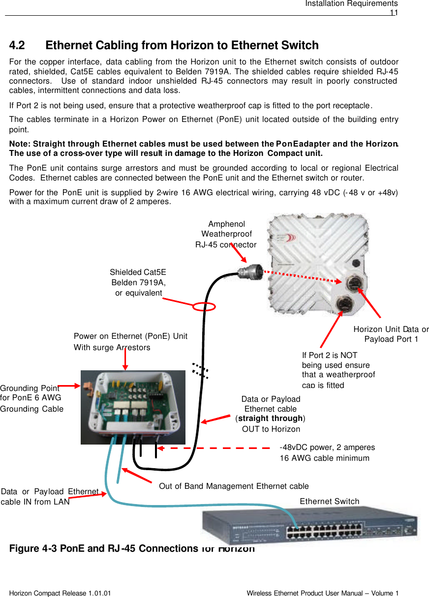 Installation Requirements 11 Horizon Compact Release 1.01.01                                                                         Wireless Ethernet Product User Manual – Volume 1 4.2 Ethernet Cabling from Horizon to Ethernet Switch For the copper interface, data cabling from the Horizon unit to the Ethernet switch consists of outdoor rated, shielded, Cat5E cables equivalent to Belden 7919A. The shielded cables require shielded RJ-45 connectors.  Use of standard indoor unshielded RJ-45 connectors may result in poorly constructed cables, intermittent connections and data loss. If Port 2 is not being used, ensure that a protective weatherproof cap is fitted to the port receptacle. The cables terminate in a Horizon Power on Ethernet (PonE) unit located outside of the building entry point.  Note: Straight through Ethernet cables must be used between the PonE adapter and the Horizon. The use of a cross-over type will result in damage to the Horizon  Compact unit.   The PonE unit contains surge arrestors and must be grounded according to local or regional Electrical Codes.  Ethernet cables are connected between the PonE unit and the Ethernet switch or router.   Power for the  PonE unit is supplied by 2-wire 16 AWG electrical wiring, carrying 48 vDC (-48 v or +48v) with a maximum current draw of 2 amperes.                                 Figure 4-3 PonE and RJ-45 Connections for Horizon If Port 2 is NOT being used ensure that a weatherproof cap is fitted Amphenol Weatherproof RJ-45 connector Power on Ethernet (PonE) Unit With surge Arrestors Out of Band Management Ethernet cable Data or Payload Ethernet cable IN from LAN Data or Payload Ethernet cable (straight through) OUT to Horizon Ethernet Switch Grounding Point for PonE 6 AWG Grounding Cable -48vDC power, 2 amperes 16 AWG cable minimum Shielded Cat5E Belden 7919A,  or equivalent Horizon Unit Data or Payload Port 1 