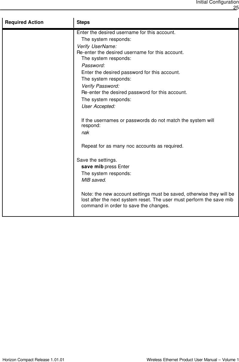 Initial Configuration 25 Horizon Compact Release 1.01.01                                                                         Wireless Ethernet Product User Manual – Volume 1 Required Action  Steps  Enter the desired username for this account. The system responds: Verify UserName: Re-enter the desired username for this account. The system responds: Password: Enter the desired password for this account. The system responds: Verify Password: Re-enter the desired password for this account. The system responds: User Accepted:  If the usernames or passwords do not match the system will respond: nak  Repeat for as many noc accounts as required.   Save the settings. save mib press Enter The system responds: MIB saved.  Note: the new account settings must be saved, otherwise they will be lost after the next system reset. The user must perform the save mib command in order to save the changes.   