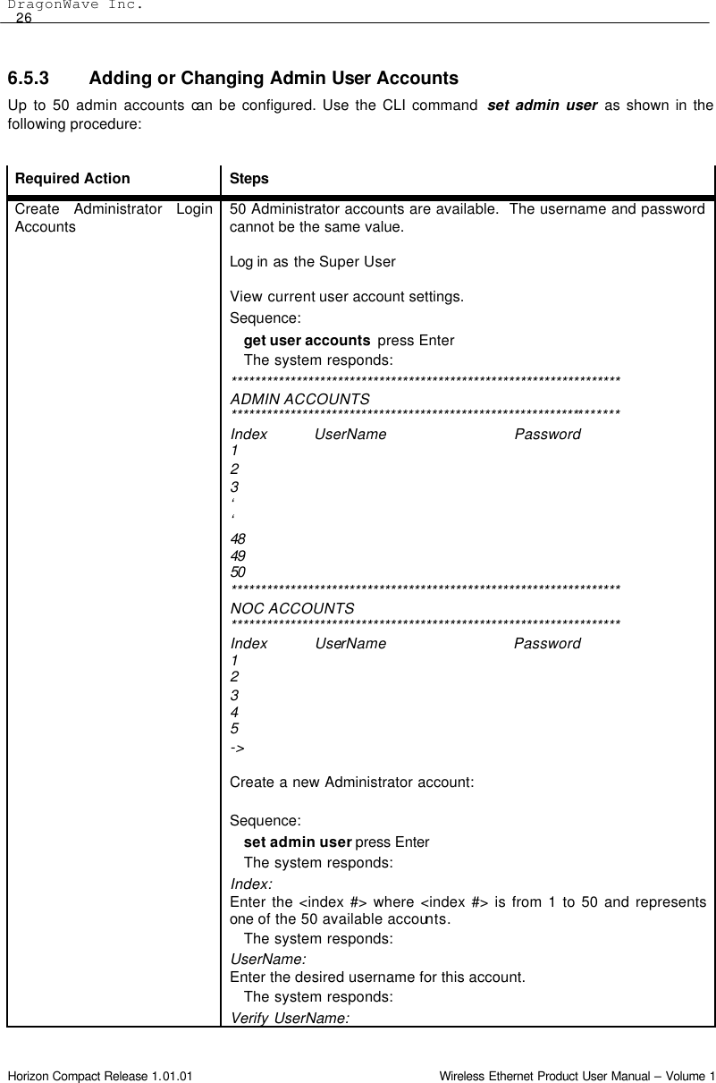 DragonWave Inc.  26 Horizon Compact Release 1.01.01                                                                         Wireless Ethernet Product User Manual – Volume 1 6.5.3 Adding or Changing Admin User Accounts Up to 50 admin accounts can be configured. Use the CLI command  set admin user as shown in the following procedure:  Required Action  Steps  Create Administrator Login Accounts 50 Administrator accounts are available.  The username and password cannot be the same value.   Log in as the Super User   View current user account settings.   Sequence: get user accounts  press Enter The system responds: ****************************************************************** ADMIN ACCOUNTS ****************************************************************** Index           UserName                              Password 1 2 3 ‘ ‘ 48 49 50 ****************************************************************** NOC ACCOUNTS ****************************************************************** Index           UserName                              Password 1 2 3 4 5 -&gt;  Create a new Administrator account:  Sequence: set admin user press Enter The system responds: Index: Enter the &lt;index #&gt; where &lt;index #&gt; is from 1 to 50 and represents one of the 50 available accounts. The system responds: UserName: Enter the desired username for this account. The system responds: Verify UserName: 