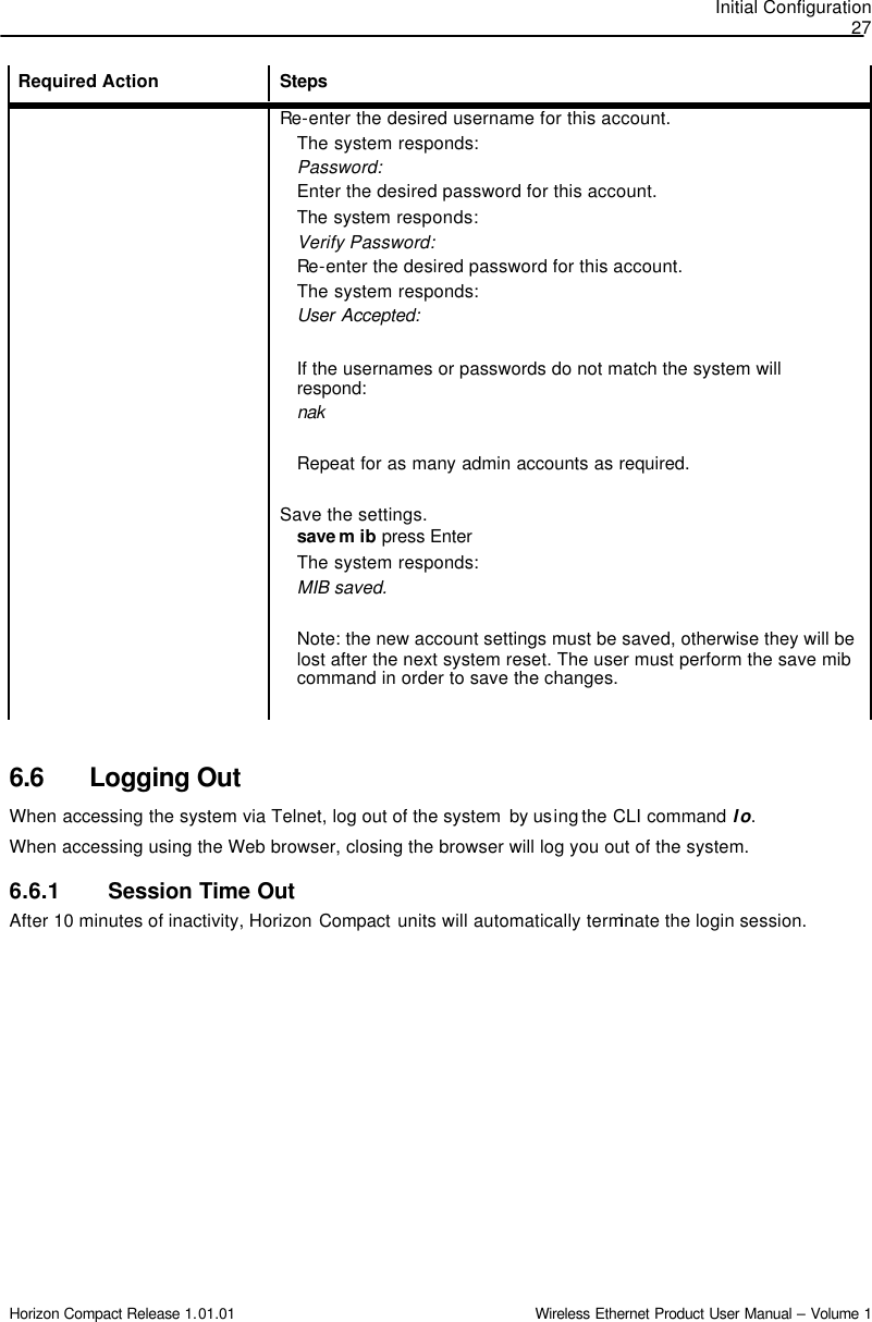 Initial Configuration 27 Horizon Compact Release 1.01.01                                                                         Wireless Ethernet Product User Manual – Volume 1 Required Action  Steps  Re-enter the desired username for this account. The system responds: Password: Enter the desired password for this account. The system responds: Verify Password: Re-enter the desired password for this account. The system responds: User Accepted:  If the usernames or passwords do not match the system will respond: nak  Repeat for as many admin accounts as required.   Save the settings. save m ib press Enter The system responds: MIB saved.  Note: the new account settings must be saved, otherwise they will be lost after the next system reset. The user must perform the save mib command in order to save the changes.   6.6 Logging Out When accessing the system via Telnet, log out of the system  by using the CLI command lo. When accessing using the Web browser, closing the browser will log you out of the system.  6.6.1 Session Time Out After 10 minutes of inactivity, Horizon Compact units will automatically terminate the login session. 