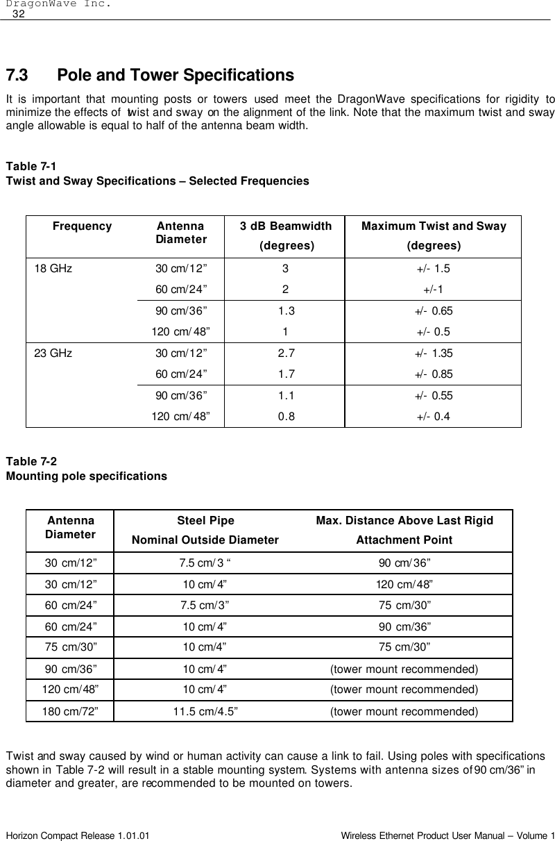 DragonWave Inc.  32 Horizon Compact Release 1.01.01                                                                         Wireless Ethernet Product User Manual – Volume 1  7.3 Pole and Tower Specifications It is important that mounting posts or towers used  meet the DragonWave specifications for rigidity to minimize the effects of  twist and sway on the alignment of the link. Note that the maximum twist and sway angle allowable is equal to half of the antenna beam width.   Table 7-1 Twist and Sway Specifications – Selected Frequencies  Frequency Antenna Diameter 3 dB Beamwidth (degrees) Maximum Twist and Sway (degrees) 30 cm/12” 3  +/- 1.5 60 cm/24” 2 +/-1 90 cm/36” 1.3 +/- 0.65 18 GHz 120 cm/ 48” 1 +/- 0.5 30 cm/12” 2.7 +/- 1.35 60 cm/24” 1.7 +/- 0.85 90 cm/36” 1.1 +/- 0.55 23 GHz 120 cm/ 48” 0.8 +/- 0.4  Table 7-2 Mounting pole specifications  Antenna Diameter Steel Pipe  Nominal Outside Diameter Max. Distance Above Last Rigid Attachment Point 30 cm/12” 7.5 cm/ 3 “ 90 cm/ 36” 30 cm/12” 10 cm/ 4” 120 cm/48” 60 cm/24” 7.5 cm/3” 75 cm/30” 60 cm/24” 10 cm/ 4” 90 cm/36” 75 cm/30” 10 cm/4” 75 cm/30”   90 cm/36” 10 cm/ 4” (tower mount recommended) 120 cm/48” 10 cm/ 4” (tower mount recommended) 180 cm/72” 11.5 cm/4.5” (tower mount recommended)  Twist and sway caused by wind or human activity can cause a link to fail. Using poles with specifications shown in Table 7-2 will result in a stable mounting system. Systems with antenna sizes of 90 cm/36” in diameter and greater, are recommended to be mounted on towers.  