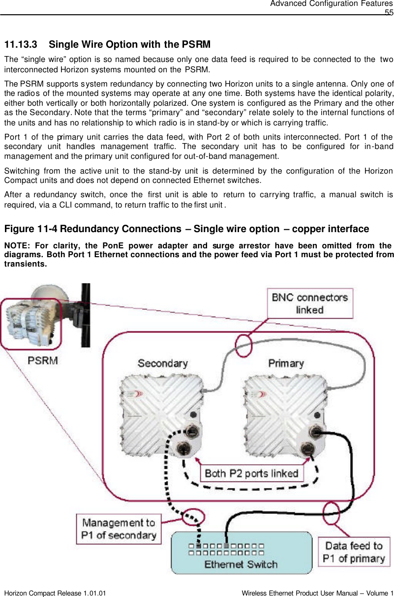 Advanced Configuration Features 55 Horizon Compact Release 1.01.01                                                                         Wireless Ethernet Product User Manual – Volume 1 11.13.3 Single Wire Option with the PSRM The “single wire” option is so named because only one data feed is required to be connected to the  two interconnected Horizon systems mounted on the PSRM.  The PSRM supports system redundancy by connecting two Horizon units to a single antenna. Only one of the radios of the mounted systems may operate at any one time. Both systems have the identical polarity, either both vertically or both horizontally polarized. One system is configured as the Primary and the other as the Secondary. Note that the terms “primary” and “secondary” relate solely to the internal functions of the units and has no relationship to which radio is in stand-by or which is carrying traffic. Port 1 of the primary unit carries the data feed, with Port 2 of both units interconnected. Port 1 of the secondary unit handles management traffic. The secondary unit has to be configured for in-band management and the primary unit configured for out-of-band management. Switching from the active unit to the stand-by  unit is determined by the configuration of the Horizon Compact units and does not depend on connected Ethernet switches.  After a redundancy switch, once the  first unit is able to  return to carrying traffic,  a manual switch is required, via a CLI command, to return traffic to the first unit .  Figure 11-4 Redundancy Connections – Single wire option – copper interface NOTE: For clarity, the PonE power adapter and surge arrestor have been omitted from the diagrams. Both Port 1 Ethernet connections and the power feed via Port 1 must be protected from transients.                                 