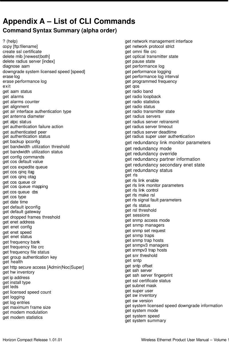  Horizon Compact Release 1.01.01                                                                         Wireless Ethernet Product User Manual – Volume 1 Appendix A – List of CLI Commands Command Syntax Summary (alpha order)   ? (help) copy [ftp:filename] create ssl certificate delete mib [newest|both] delete radius server [index] diagnose aam downgrade system licensed speed [speed] erase log  erase performance log exit get aam status get alarms get alarms counter get alignment get air interface authentication type get antenna diameter get atpc status get authentication failure action get authenticated peer get authentication status get backup ipconfig get bandwidth utilization threshold get bandwidth utilization status get config commands get cos default value get cos expedite queue get cos qinq itag get cos qinq otag get cos queue cir get cos queue mapping get cos queue  cbs get cos type get date time get default ipconfig get default gateway get dropped frames threshold get enet address get enet config get enet speed get enet status get frequency bank get frequency file crc get frequency file status get group authentication key get health get http secure access [Admin|Noc|Super] get hw inventory get ip address get install type get leds get licensed speed count get logging get log entries get maximum frame size get modem modulation get modem statistics get network management interface get network protocol strict  get omni file crc get optical transmitter state get pause state get performance log get performance logging  get performance log interval get programmed frequency get qos get radio band get radio loopback get radio statistics get radio status get radio transmitter state get radius servers get radius server retransmit get radius server timeout  get radius server deadtime get radius super user authentication get redundancy link monitor parameters get redundancy mode get redundancy override get redundancy partner information get redundancy secondary enet state get redundancy status get rls get rls link enable get rls link monitor parameters get rls link control  get rls make rsl  get rls signal fault parameters  get rls status get rsl threshold get sessions get snmp access mode get snmp managers get snmp set request get snmp traps get snmp trap hosts get snmpv3 managers get snmpv3 trap hosts   get snr threshold get sntp get sntp offset get ssh server get ssh server fingerprint  get ssl certificate status get subnet mask get super user get sw inventory get sw version get system licensed speed downgrade information get system mode get system speed get system summary 