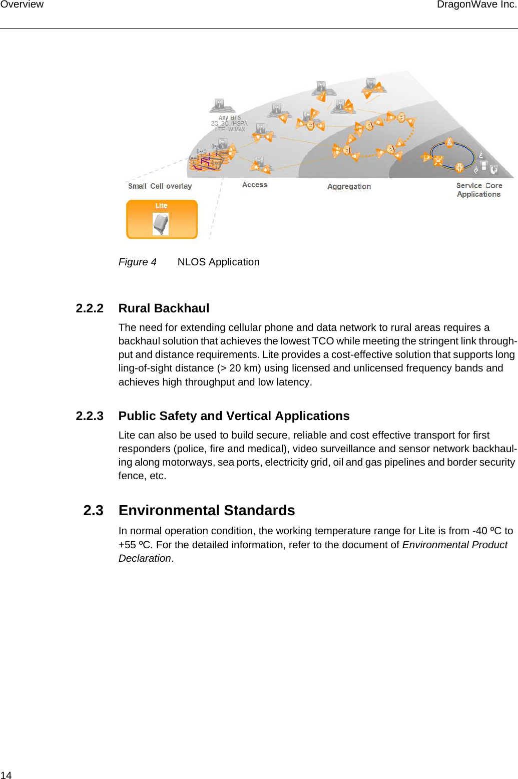 14 DragonWave Inc.OverviewFigure 4 NLOS Application2.2.2 Rural BackhaulThe need for extending cellular phone and data network to rural areas requires a backhaul solution that achieves the lowest TCO while meeting the stringent link through-put and distance requirements. Lite provides a cost-effective solution that supports long ling-of-sight distance (&gt; 20 km) using licensed and unlicensed frequency bands and achieves high throughput and low latency.2.2.3 Public Safety and Vertical ApplicationsLite can also be used to build secure, reliable and cost effective transport for first responders (police, fire and medical), video surveillance and sensor network backhaul-ing along motorways, sea ports, electricity grid, oil and gas pipelines and border security fence, etc.2.3 Environmental StandardsIn normal operation condition, the working temperature range for Lite is from -40 ºC to +55 ºC. For the detailed information, refer to the document of Environmental Product Declaration.