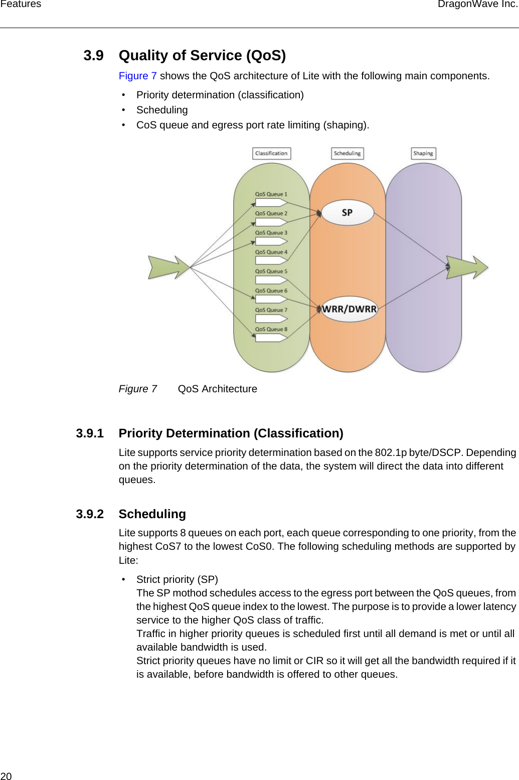 20 DragonWave Inc.Features3.9 Quality of Service (QoS)Figure 7 shows the QoS architecture of Lite with the following main components. • Priority determination (classification) • Scheduling • CoS queue and egress port rate limiting (shaping).Figure 7 QoS Architecture3.9.1 Priority Determination (Classification)Lite supports service priority determination based on the 802.1p byte/DSCP. Depending on the priority determination of the data, the system will direct the data into different queues.3.9.2 SchedulingLite supports 8 queues on each port, each queue corresponding to one priority, from the highest CoS7 to the lowest CoS0. The following scheduling methods are supported by Lite: • Strict priority (SP)The SP mothod schedules access to the egress port between the QoS queues, from the highest QoS queue index to the lowest. The purpose is to provide a lower latency service to the higher QoS class of traffic.Traffic in higher priority queues is scheduled first until all demand is met or until all available bandwidth is used.Strict priority queues have no limit or CIR so it will get all the bandwidth required if it is available, before bandwidth is offered to other queues.