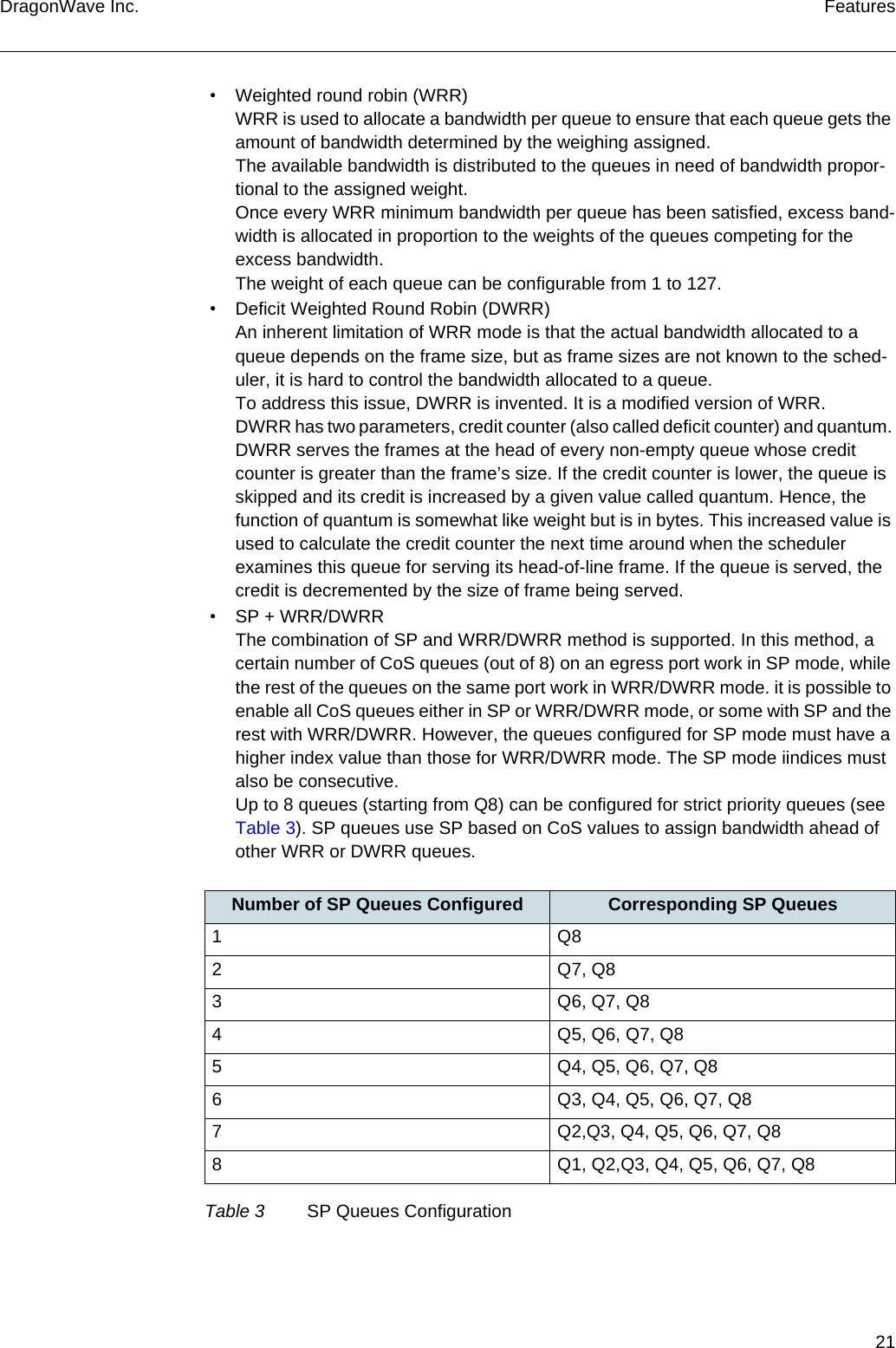 21DragonWave Inc. Features • Weighted round robin (WRR)WRR is used to allocate a bandwidth per queue to ensure that each queue gets the amount of bandwidth determined by the weighing assigned.The available bandwidth is distributed to the queues in need of bandwidth propor-tional to the assigned weight.Once every WRR minimum bandwidth per queue has been satisfied, excess band-width is allocated in proportion to the weights of the queues competing for the excess bandwidth.The weight of each queue can be configurable from 1 to 127. • Deficit Weighted Round Robin (DWRR)An inherent limitation of WRR mode is that the actual bandwidth allocated to a queue depends on the frame size, but as frame sizes are not known to the sched-uler, it is hard to control the bandwidth allocated to a queue.To address this issue, DWRR is invented. It is a modified version of WRR.DWRR has two parameters, credit counter (also called deficit counter) and quantum. DWRR serves the frames at the head of every non-empty queue whose credit counter is greater than the frame’s size. If the credit counter is lower, the queue is skipped and its credit is increased by a given value called quantum. Hence, the function of quantum is somewhat like weight but is in bytes. This increased value is used to calculate the credit counter the next time around when the scheduler examines this queue for serving its head-of-line frame. If the queue is served, the credit is decremented by the size of frame being served. • SP + WRR/DWRRThe combination of SP and WRR/DWRR method is supported. In this method, a certain number of CoS queues (out of 8) on an egress port work in SP mode, while the rest of the queues on the same port work in WRR/DWRR mode. it is possible to enable all CoS queues either in SP or WRR/DWRR mode, or some with SP and the rest with WRR/DWRR. However, the queues configured for SP mode must have a higher index value than those for WRR/DWRR mode. The SP mode iindices must also be consecutive.Up to 8 queues (starting from Q8) can be configured for strict priority queues (see Table 3). SP queues use SP based on CoS values to assign bandwidth ahead of other WRR or DWRR queues.Number of SP Queues Configured Corresponding SP Queues1Q82Q7, Q83 Q6, Q7, Q84 Q5, Q6, Q7, Q85 Q4, Q5, Q6, Q7, Q86 Q3, Q4, Q5, Q6, Q7, Q87 Q2,Q3, Q4, Q5, Q6, Q7, Q88 Q1, Q2,Q3, Q4, Q5, Q6, Q7, Q8Table 3 SP Queues Configuration