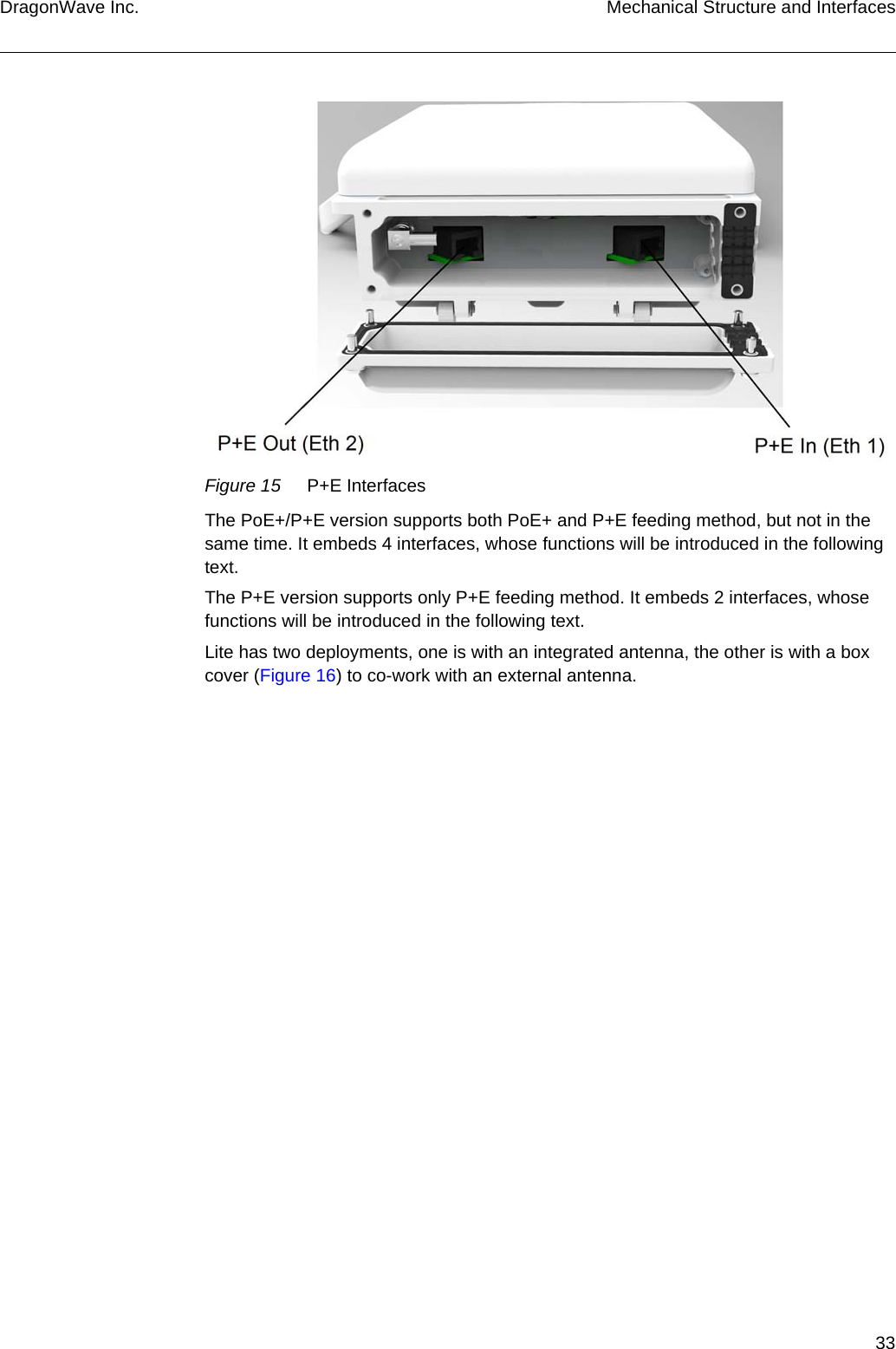 33DragonWave Inc. Mechanical Structure and InterfacesFigure 15 P+E InterfacesThe PoE+/P+E version supports both PoE+ and P+E feeding method, but not in the same time. It embeds 4 interfaces, whose functions will be introduced in the following text.The P+E version supports only P+E feeding method. It embeds 2 interfaces, whose functions will be introduced in the following text.Lite has two deployments, one is with an integrated antenna, the other is with a box cover (Figure 16) to co-work with an external antenna.