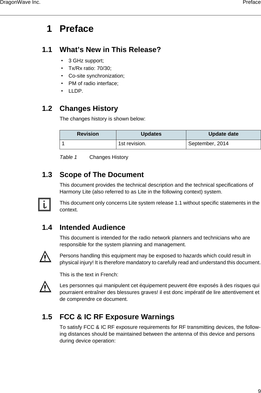 9DragonWave Inc. Preface1Preface1.1 What’s New in This Release? • 3 GHz support; • Tx/Rx ratio: 70/30; • Co-site synchronization; • PM of radio interface; • LLDP.1.2 Changes HistoryThe changes history is shown below:1.3 Scope of The DocumentThis document provides the technical description and the technical specifications of Harmony Lite (also referred to as Lite in the following context) system.gThis document only concerns Lite system release 1.1 without specific statements in the context.1.4 Intended AudienceThis document is intended for the radio network planners and technicians who are responsible for the system planning and management.fPersons handling this equipment may be exposed to hazards which could result in physical injury! It is therefore mandatory to carefully read and understand this document.This is the text in French:fLes personnes qui manipulent cet équipement peuvent être exposés à des risques qui pourraient entraîner des blessures graves! il est donc impératif de lire attentivement et de comprendre ce document.1.5 FCC &amp; IC RF Exposure WarningsTo satisfy FCC &amp; IC RF exposure requirements for RF transmitting devices, the follow-ing distances should be maintained between the antenna of this device and persons during device operation:Revision Updates Update date1 1st revision. September, 2014Table 1 Changes History