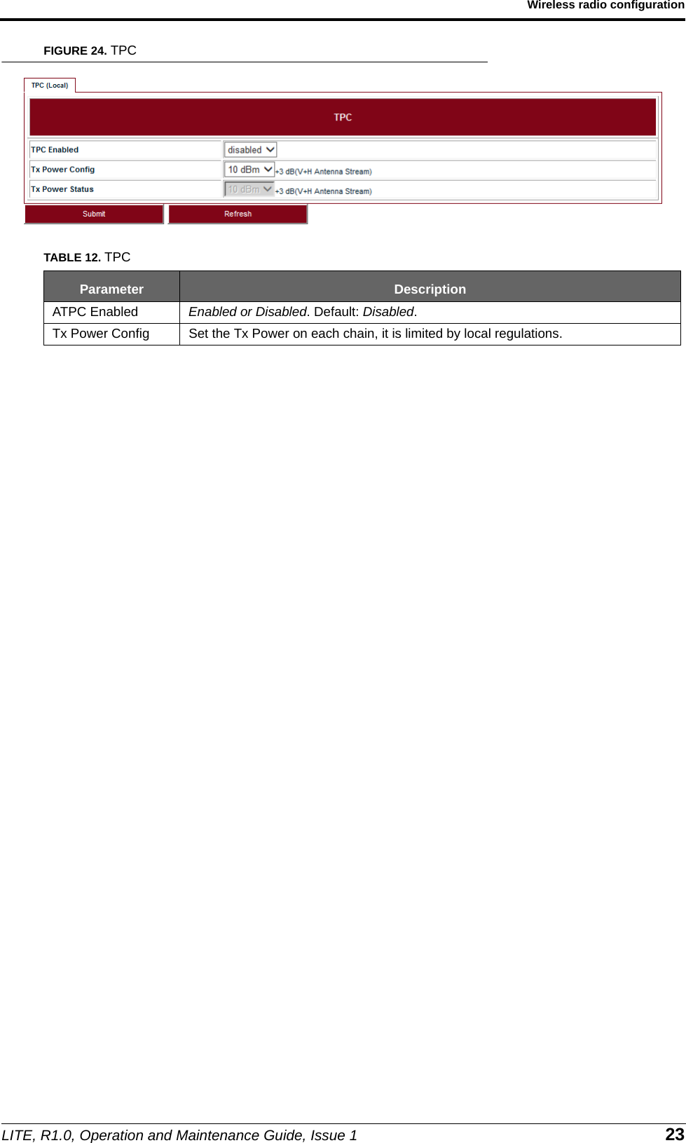 LITE, R1.0, Operation and Maintenance Guide, Issue 1 23Wireless radio configurationFIGURE 24. TPCTABLE 12. TPCParameter DescriptionATPC Enabled Enabled or Disabled. Default: Disabled.Tx Power Config Set the Tx Power on each chain, it is limited by local regulations.