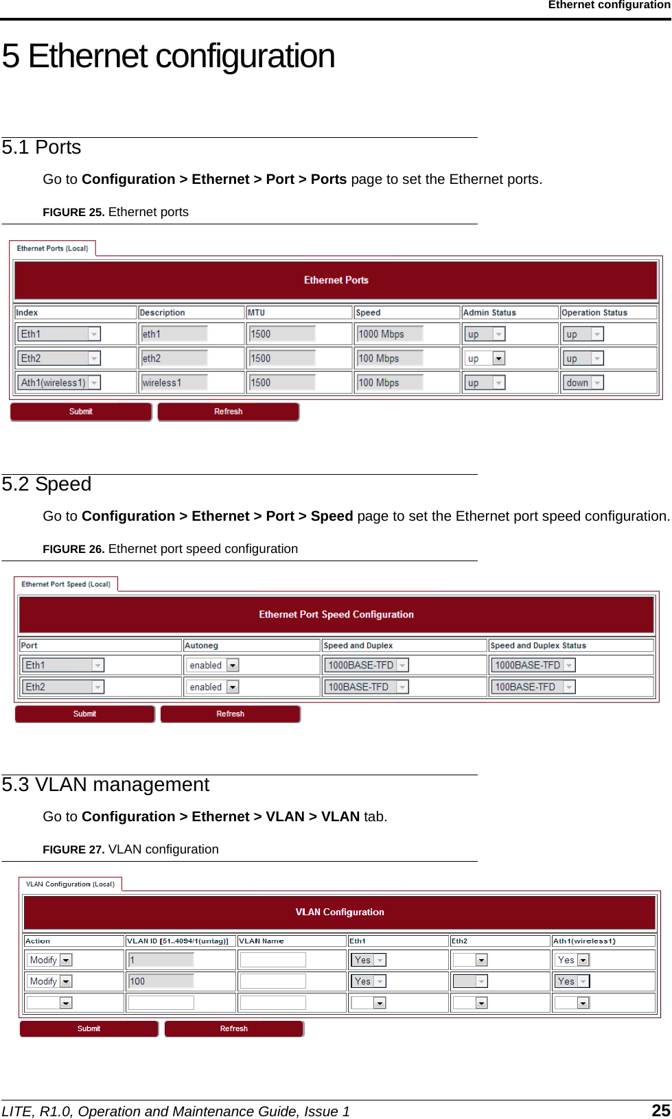 LITE, R1.0, Operation and Maintenance Guide, Issue 1 25Ethernet configuration5 Ethernet configuration5.1 PortsGo to Configuration &gt; Ethernet &gt; Port &gt; Ports page to set the Ethernet ports.FIGURE 25. Ethernet ports5.2 SpeedGo to Configuration &gt; Ethernet &gt; Port &gt; Speed page to set the Ethernet port speed configuration.FIGURE 26. Ethernet port speed configuration5.3 VLAN managementGo to Configuration &gt; Ethernet &gt; VLAN &gt; VLAN tab.FIGURE 27. VLAN configuration