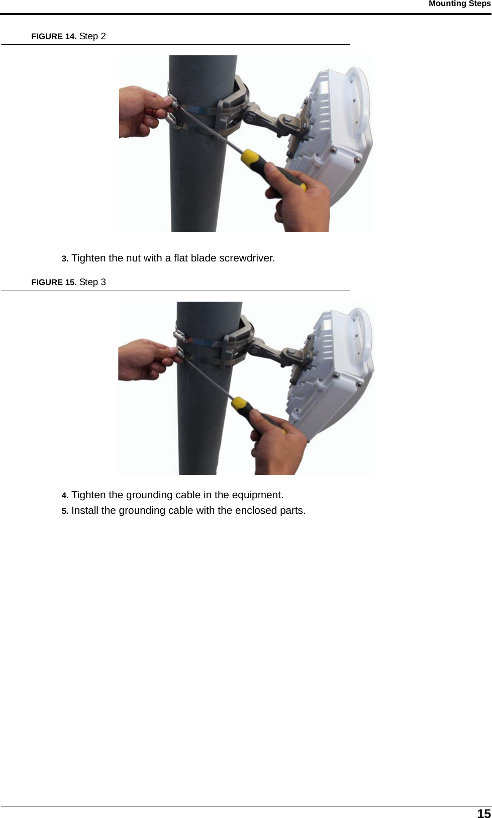 15Mounting StepsFIGURE 14. Step 23. Tighten the nut with a flat blade screwdriver.FIGURE 15. Step 34. Tighten the grounding cable in the equipment.5. Install the grounding cable with the enclosed parts.