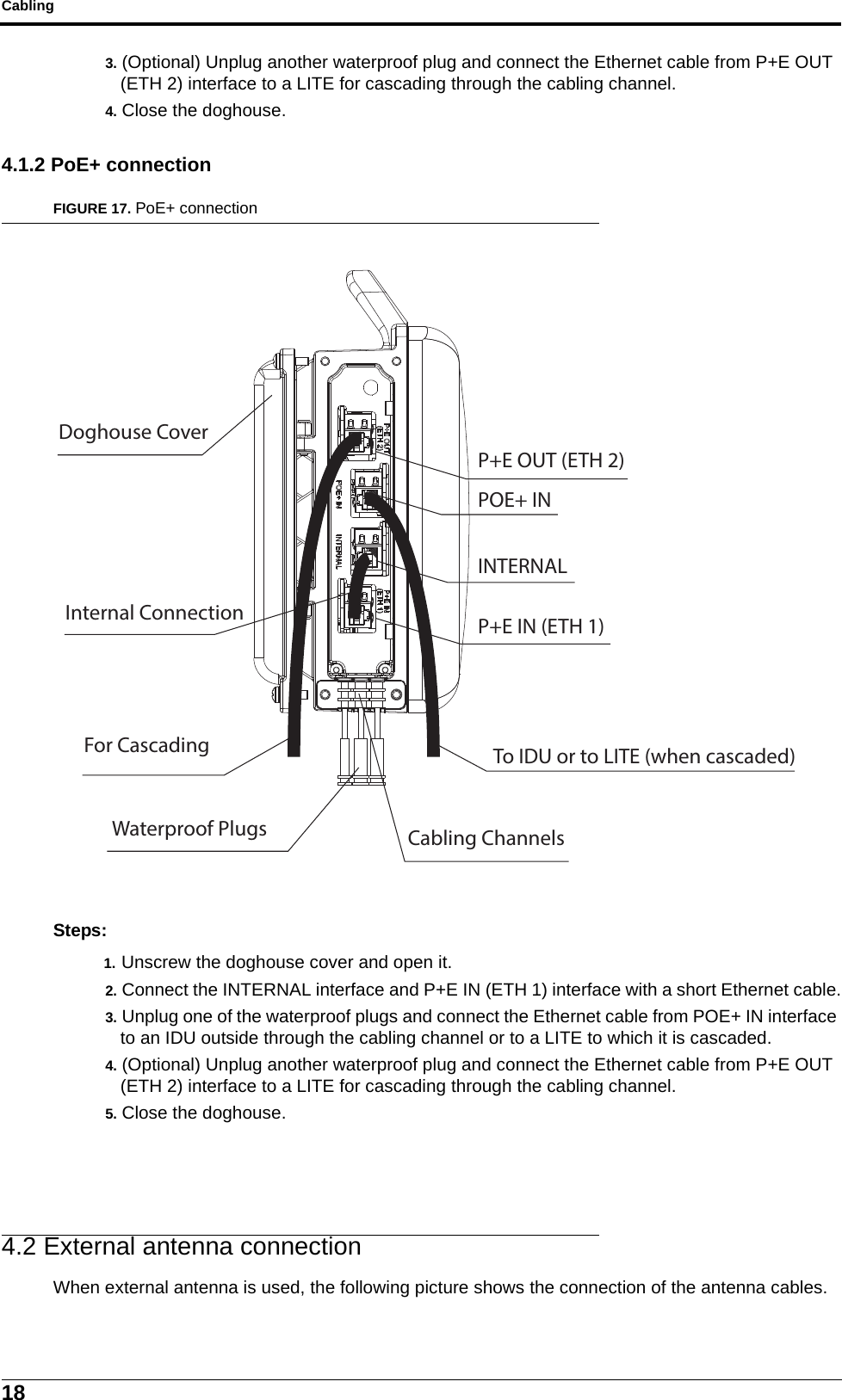 Cabling183. (Optional) Unplug another waterproof plug and connect the Ethernet cable from P+E OUT (ETH 2) interface to a LITE for cascading through the cabling channel.4. Close the doghouse.4.1.2 PoE+ connectionFIGURE 17. PoE+ connectionSteps:1. Unscrew the doghouse cover and open it.2. Connect the INTERNAL interface and P+E IN (ETH 1) interface with a short Ethernet cable.3. Unplug one of the waterproof plugs and connect the Ethernet cable from POE+ IN interface to an IDU outside through the cabling channel or to a LITE to which it is cascaded.4. (Optional) Unplug another waterproof plug and connect the Ethernet cable from P+E OUT (ETH 2) interface to a LITE for cascading through the cabling channel.5. Close the doghouse.4.2 External antenna connectionWhen external antenna is used, the following picture shows the connection of the antenna cables.Doghouse CoverP+E OUT (ETH 2)POE+ ININTERNALP+E IN (ETH 1)Internal ConnectionFor Cascading To IDU or to LITE (when cascaded)Cabling ChannelsWaterproof Plugs