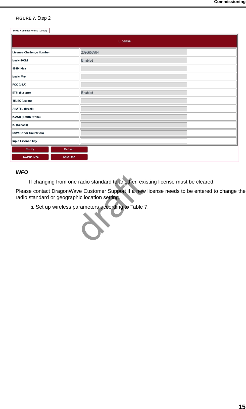 15CommissioningFIGURE 7. Step 2INFOIf changing from one radio standard to another, existing license must be cleared.Please contact DragonWave Customer Support if a new license needs to be entered to change theradio standard or geographic location setting.3. Set up wireless parameters according to Table 7.draft