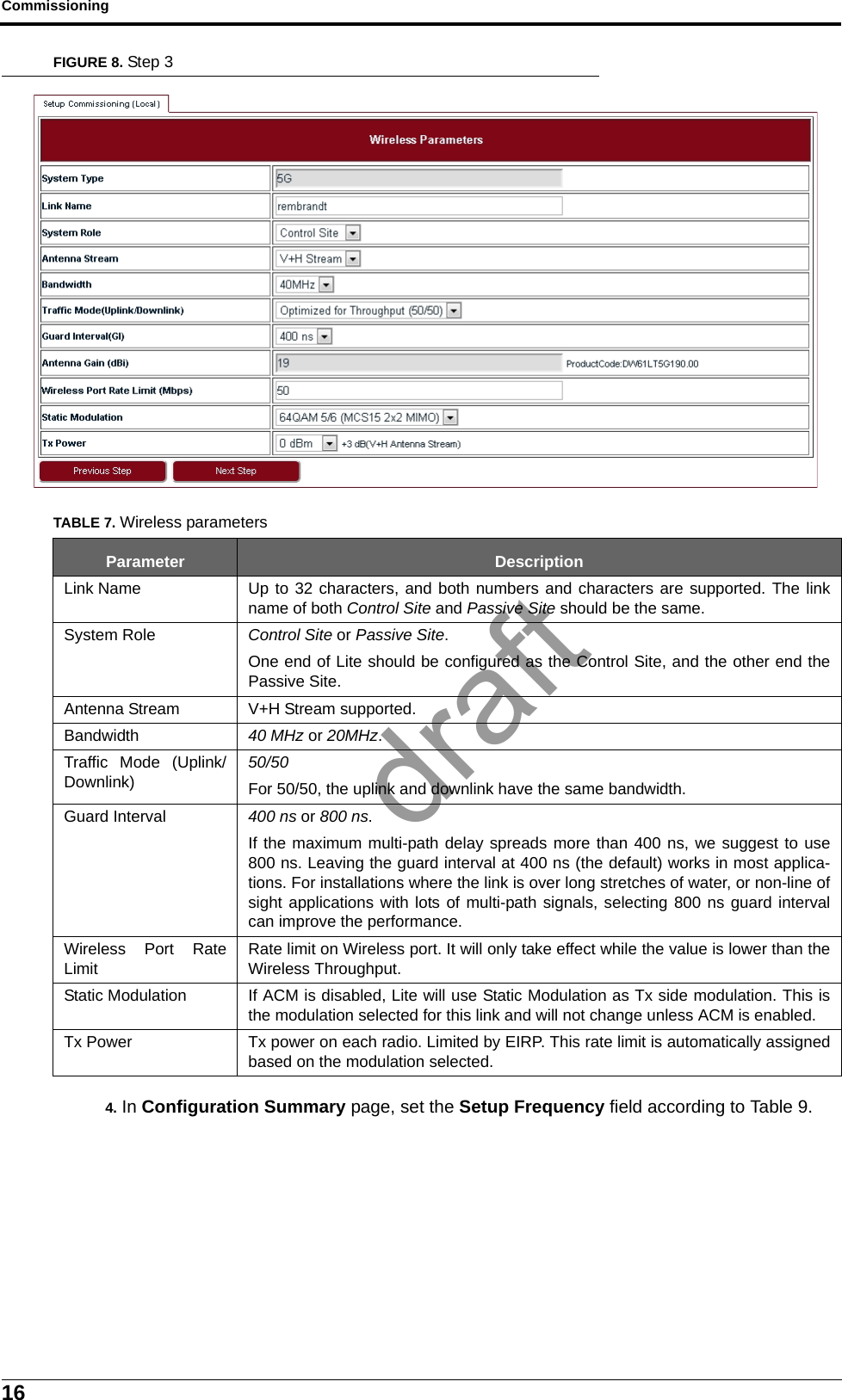 Commissioning16FIGURE 8. Step 34. In Configuration Summary page, set the Setup Frequency field according to Table 9.TABLE 7. Wireless parametersParameter DescriptionLink Name Up to 32 characters, and both numbers and characters are supported. The linkname of both Control Site and Passive Site should be the same.System Role Control Site or Passive Site.One end of Lite should be configured as the Control Site, and the other end thePassive Site.Antenna Stream V+H Stream supported.Bandwidth 40 MHz or 20MHz.Traffic Mode (Uplink/Downlink)50/50For 50/50, the uplink and downlink have the same bandwidth.Guard Interval 400 ns or 800 ns.If the maximum multi-path delay spreads more than 400 ns, we suggest to use800 ns. Leaving the guard interval at 400 ns (the default) works in most applica-tions. For installations where the link is over long stretches of water, or non-line ofsight applications with lots of multi-path signals, selecting 800 ns guard intervalcan improve the performance.Wireless Port RateLimitRate limit on Wireless port. It will only take effect while the value is lower than theWireless Throughput.Static Modulation If ACM is disabled, Lite will use Static Modulation as Tx side modulation. This isthe modulation selected for this link and will not change unless ACM is enabled.Tx Power Tx power on each radio. Limited by EIRP. This rate limit is automatically assignedbased on the modulation selected.draft