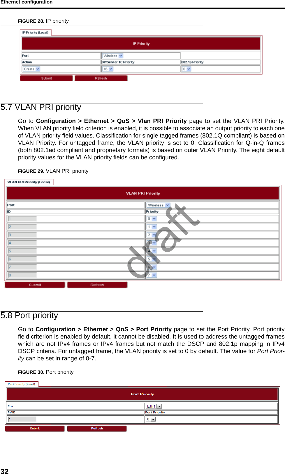 Ethernet configuration32FIGURE 28. IP priority5.7 VLAN PRI priorityGo to Configuration &gt; Ethernet &gt; QoS &gt; Vlan PRI Priority page to set the VLAN PRI Priority.When VLAN priority field criterion is enabled, it is possible to associate an output priority to each oneof VLAN priority field values. Classification for single tagged frames (802.1Q compliant) is based onVLAN Priority. For untagged frame, the VLAN priority is set to 0. Classification for Q-in-Q frames(both 802.1ad compliant and proprietary formats) is based on outer VLAN Priority. The eight defaultpriority values for the VLAN priority fields can be configured.FIGURE 29. VLAN PRI priority5.8 Port priorityGo to Configuration &gt; Ethernet &gt; QoS &gt; Port Priority page to set the Port Priority. Port priorityfield criterion is enabled by default, it cannot be disabled. It is used to address the untagged frameswhich are not IPv4 frames or IPv4 frames but not match the DSCP and 802.1p mapping in IPv4DSCP criteria. For untagged frame, the VLAN priority is set to 0 by default. The value for Port Prior-ity can be set in range of 0-7.FIGURE 30. Port prioritydraft