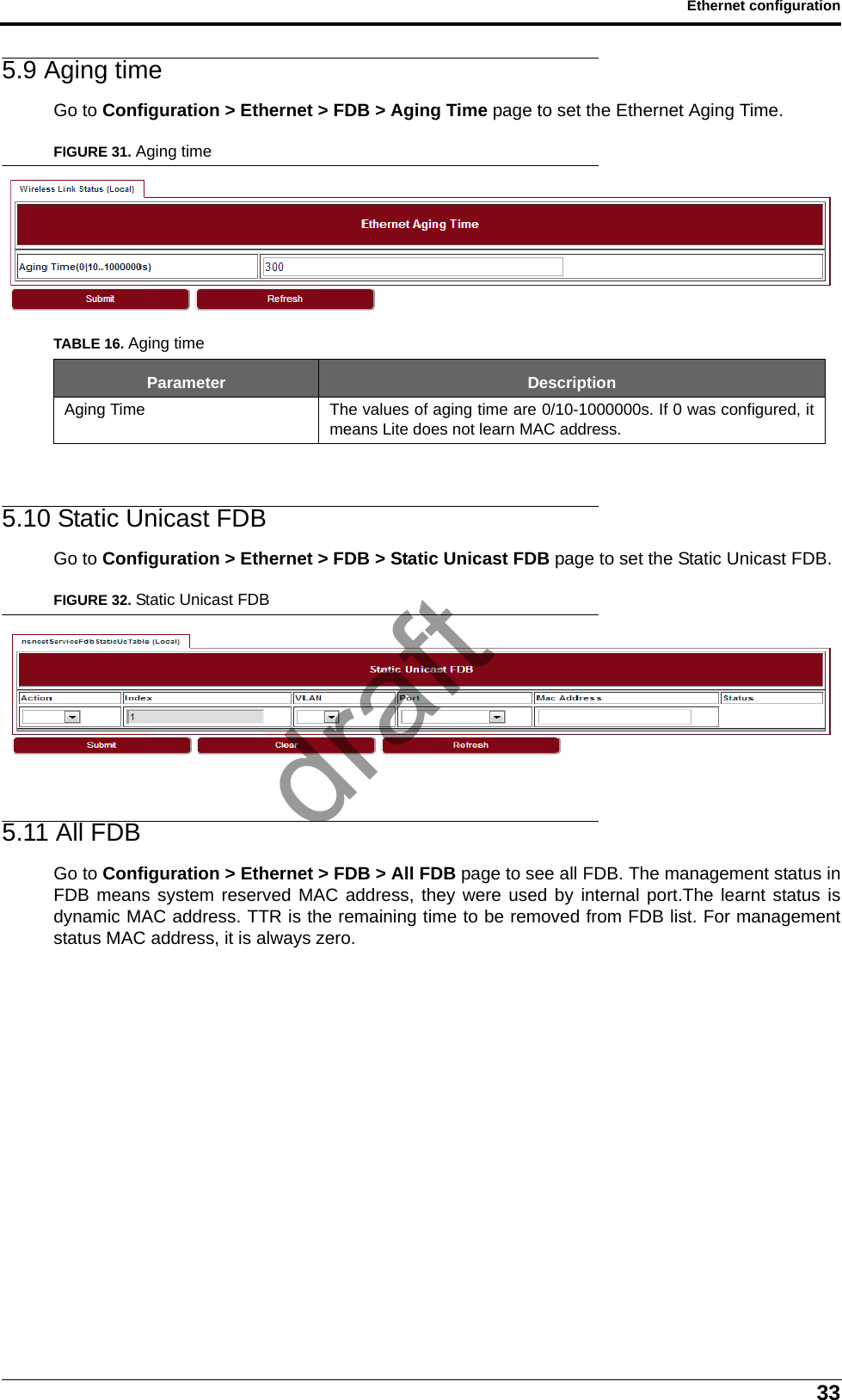 33Ethernet configuration5.9 Aging timeGo to Configuration &gt; Ethernet &gt; FDB &gt; Aging Time page to set the Ethernet Aging Time.FIGURE 31. Aging time5.10 Static Unicast FDBGo to Configuration &gt; Ethernet &gt; FDB &gt; Static Unicast FDB page to set the Static Unicast FDB.FIGURE 32. Static Unicast FDB5.11 All FDBGo to Configuration &gt; Ethernet &gt; FDB &gt; All FDB page to see all FDB. The management status inFDB means system reserved MAC address, they were used by internal port.The learnt status isdynamic MAC address. TTR is the remaining time to be removed from FDB list. For managementstatus MAC address, it is always zero.TABLE 16. Aging timeParameter DescriptionAging Time The values of aging time are 0/10-1000000s. If 0 was configured, itmeans Lite does not learn MAC address.draft