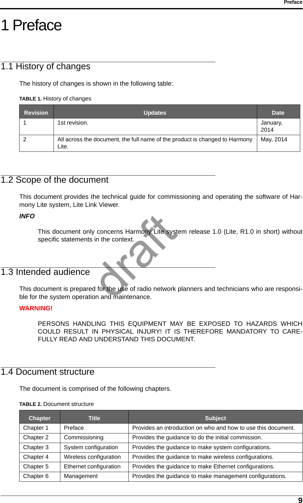 9Preface1 Preface1.1 History of changesThe history of changes is shown in the following table:1.2 Scope of the documentThis document provides the technical guide for commissioning and operating the software of Har-mony Lite system, Lite Link Viewer.INFOThis document only concerns Harmony Lite system release 1.0 (Lite, R1.0 in short) withoutspecific statements in the context.1.3 Intended audienceThis document is prepared for the use of radio network planners and technicians who are responsi-ble for the system operation and maintenance.WARNING!PERSONS HANDLING THIS EQUIPMENT MAY BE EXPOSED TO HAZARDS WHICHCOULD RESULT IN PHYSICAL INJURY! IT IS THEREFORE MANDATORY TO CARE-FULLY READ AND UNDERSTAND THIS DOCUMENT.1.4 Document structureThe document is comprised of the following chapters.TABLE 1. History of changesRevision Updates Date1 1st revision. January,20142 All across the document, the full name of the product is changed to HarmonyLite.May, 2014TABLE 2. Document structureChapter Title SubjectChapter 1 Preface Provides an introduction on who and how to use this document.Chapter 2 Commissioning Provides the guidance to do the initial commission.Chapter 3 System configuration Provides the guidance to make system configurations.Chapter 4 Wireless configuration Provides the guidance to make wireless configurations.Chapter 5 Ethernet configuration Provides the guidance to make Ethernet configurations.Chapter 6 Management Provides the guidance to make management configurations.draft