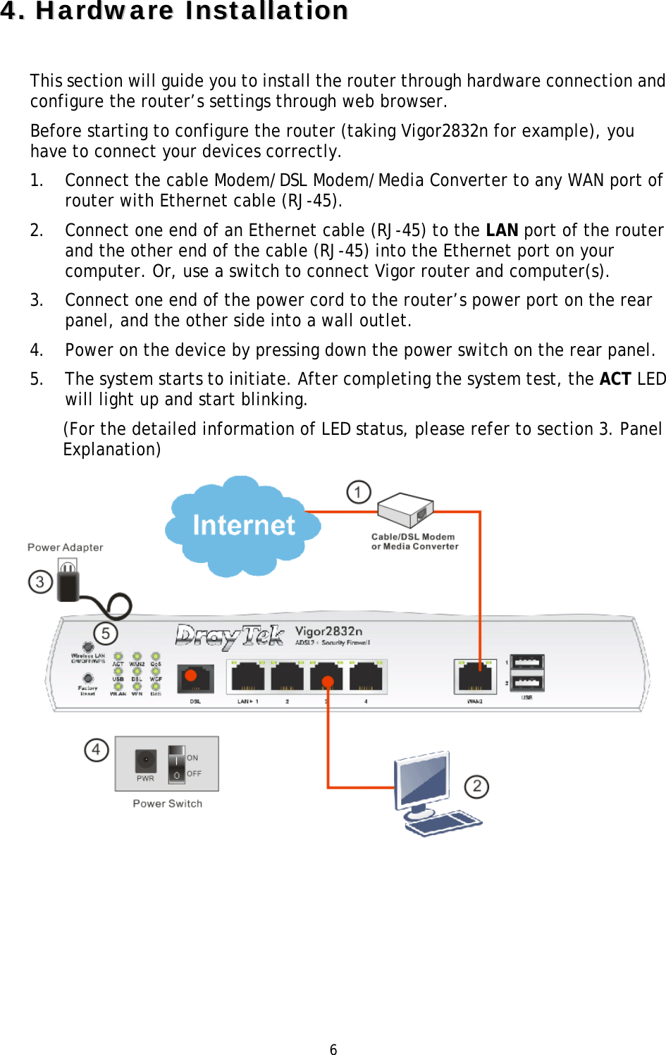   6 44..  HHaarrddwwaarree  IInnssttaallllaattiioonn  This section will guide you to install the router through hardware connection and configure the router’s settings through web browser.   Before starting to configure the router (taking Vigor2832n for example), you have to connect your devices correctly. 1. Connect the cable Modem/DSL Modem/Media Converter to any WAN port of router with Ethernet cable (RJ-45).   2. Connect one end of an Ethernet cable (RJ-45) to the LAN port of the router and the other end of the cable (RJ-45) into the Ethernet port on your computer. Or, use a switch to connect Vigor router and computer(s). 3. Connect one end of the power cord to the router’s power port on the rear panel, and the other side into a wall outlet. 4. Power on the device by pressing down the power switch on the rear panel. 5. The system starts to initiate. After completing the system test, the ACT LED will light up and start blinking. (For the detailed information of LED status, please refer to section 3. Panel Explanation)  