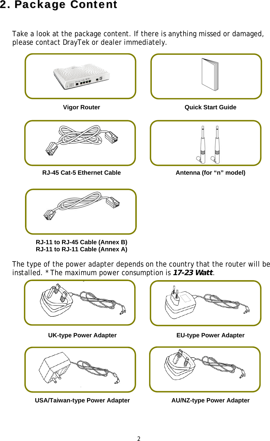   2 22..  PPaacckkaaggee  CCoonntteenntt  Take a look at the package content. If there is anything missed or damaged, please contact DrayTek or dealer immediately.         Vigor Router  Quick Start Guide      RJ-45 Cat-5 Ethernet Cable    Antenna (for “n” model)      RJ-11 to RJ-45 Cable (Annex B) RJ-11 to RJ-11 Cable (Annex A)   The type of the power adapter depends on the country that the router will be installed. * The maximum power consumption is 17-23 Watt.      UK-type Power Adapter  EU-type Power Adapter      USA/Taiwan-type Power Adapter  AU/NZ-type Power Adapter  