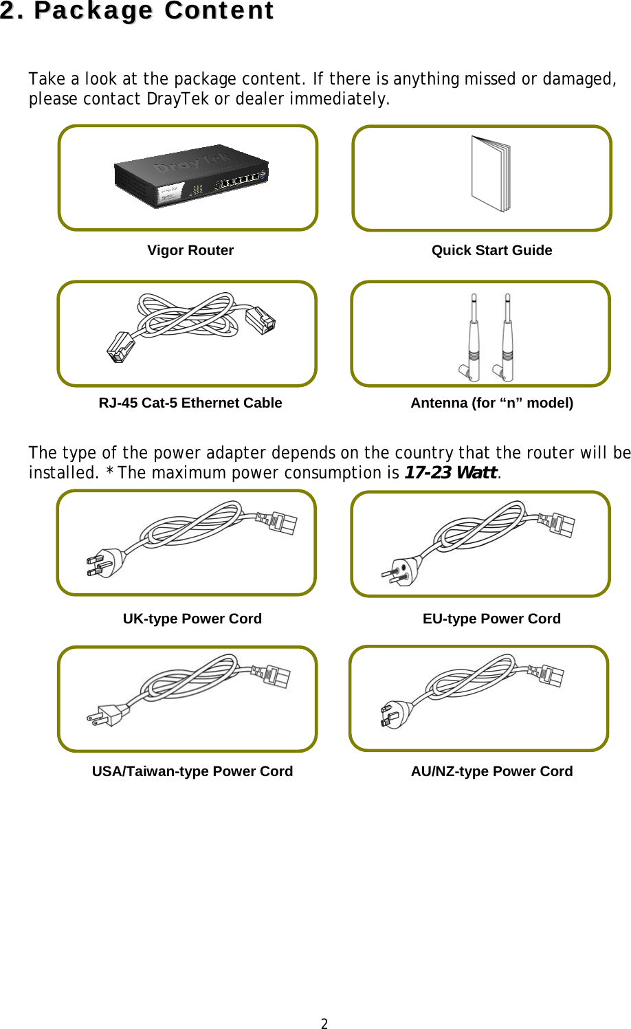   2 22..  PPaacckkaaggee  CCoonntteenntt  Take a look at the package content. If there is anything missed or damaged, please contact DrayTek or dealer immediately.         Vigor Router  Quick Start Guide      RJ-45 Cat-5 Ethernet Cable    Antenna (for “n” model) The type of the power adapter depends on the country that the router will be installed. * The maximum power consumption is 17-23 Watt.      UK-type Power Cord   EU-type Power Cord      USA/Taiwan-type Power Cord   AU/NZ-type Power Cord  