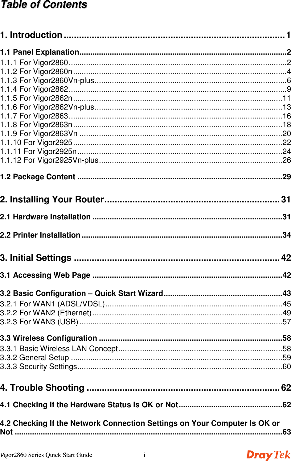 Vigor2860 Series Quick Start Guide iTTaabbllee  ooff  CCoonntteennttss1. Introduction ....................................................................................... 11.1 Panel Explanation................................................................................................21.1.1 For Vigor2860.....................................................................................................21.1.2 For Vigor2860n...................................................................................................41.1.3 For Vigor2860Vn-plus.........................................................................................61.1.4 For Vigor2862.....................................................................................................91.1.5 For Vigor2862n.................................................................................................111.1.6 For Vigor2862Vn-plus.......................................................................................131.1.7 For Vigor2863...................................................................................................161.1.8 For Vigor2863n.................................................................................................181.1.9 For Vigor2863Vn ..............................................................................................201.1.10 For Vigor2925.................................................................................................221.1.11 For Vigor2925n...............................................................................................241.1.12 For Vigor2925Vn-plus.....................................................................................261.2 Package Content ...............................................................................................292. Installing Your Router..................................................................... 312.1 Hardware Installation ........................................................................................312.2 Printer Installation .............................................................................................343. Initial Settings ................................................................................. 423.1 Accessing Web Page ........................................................................................423.2 Basic Configuration – Quick Start Wizard.......................................................433.2.1 For WAN1 (ADSL/VDSL)..................................................................................453.2.2 For WAN2 (Ethernet)........................................................................................493.2.3 For WAN3 (USB) ..............................................................................................573.3 Wireless Configuration .....................................................................................583.3.1 Basic Wireless LAN Concept............................................................................583.3.2 General Setup ..................................................................................................593.3.3 Security Settings...............................................................................................604. Trouble Shooting ............................................................................ 624.1 Checking If the Hardware Status Is OK or Not................................................624.2 Checking If the Network Connection Settings on Your Computer Is OK orNot ............................................................................................................................63