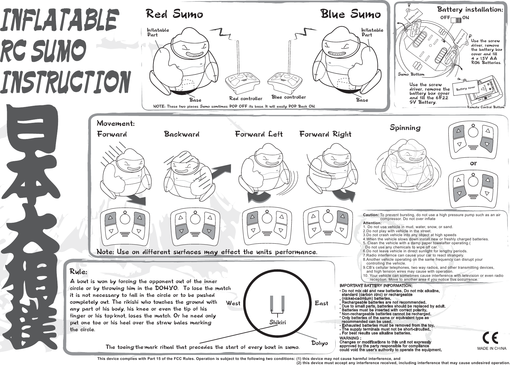 INFLATABLE RC SUMO INSTRUCTIONMovement:Rule:Forward Forward Left Forward Right SpinningorBackwardNote: Use on different surfaces may effect the units performance.Blue SumoBlue controllerRed controllerBaseInflatablePart InflatablePartNOTE: These two pieces Sumo somtimes &ldquo;POP OFF it&rsquo;s base. It will easily POP Back ON.Red Sumo Battery installation:EastWestDohyoDo not mix old and new batteries. Do not mix alkaline, standard (carbon zinc) or rechargeable (nickel-cadmium) batteries.Rechargeable batteries are not recommended.Due to small parts, batteries should be replaced by adult.Batteries must be inserted with correct polarity.Non-rechargeable batteries cannot be recharged.Only batteries of the same or equivalent type as recommended can be used.Exhausted batteries must be removed from the toy.The supply terminals must not be short-circuited.For best results use alkaline batteries.IMPORTANT BATTERY INFORMATION:WARNING :Changes or modifications to this unit not expressly approved by the party responsible for compliance could void the user's authority to operate the equipment.A bout is won by forcing the opponent out of the inner circle or by throwing him in the DOHYO.  To lose the match it is not necessary to fall in the circle or to be pushed completely out. The rikishi who touches the ground with any part of his body, his knee or even the tip of his finger or his top-knot, loses the match. Or he need only put one toe or his heel over the straw bales marking the circle.The toeing-the-mark ritual that precedes the start of every bout in sumo.ShikiriONOFFONOFFSumo BottomBattery coverBattery coverRemote Control BottomRemote Control BottomUse the screw driver, remove the battery boxcover and fill 4 x 1.5V AA&rdquo; R06 Batteries.Use the screw driver, remove the battery box cover and fill the 6F22 9V Battery.Attention:1. Do not use vehicle in mud, water, snow, or sand.2.Do not play with vehicle in the street.3.Do not crash vehicle into any object at high speeds4.When the vehicle slows down install new or freshly charged batteries.5. Clean the vehicle with a damp paper towelafter operating.(  Do not use any chemicals to wipe off car.6.Do not leave vehicle in direct sunlight for lengthy periods.7.Radio interfernce can cause your car to react strangely.8.Another vehicle operating on the same frequency can disrupt your    controlling the vehicle.9.CB&rsquo;s cellular telephones, two way radios, and other transmitting devices,    and high tension wires may cause with operation.10. Your vehicle can sometimes cause interference with television or even radio       reception. Move to another area if you notice this occurrence.This device complies with Part 15 of the FCC Rules. Operation is subject to the following two conditions: (1) this device may not cause harmful interference, and                                                                                                                                                                              (2) this device must accept any interference received, including interference that may cause undesired operation.Caution: To prevent bursting, do not use a high pressure pump such as an air                compressor. Do not over inflateBattery coverBaseSumo BottomSumo Bottom