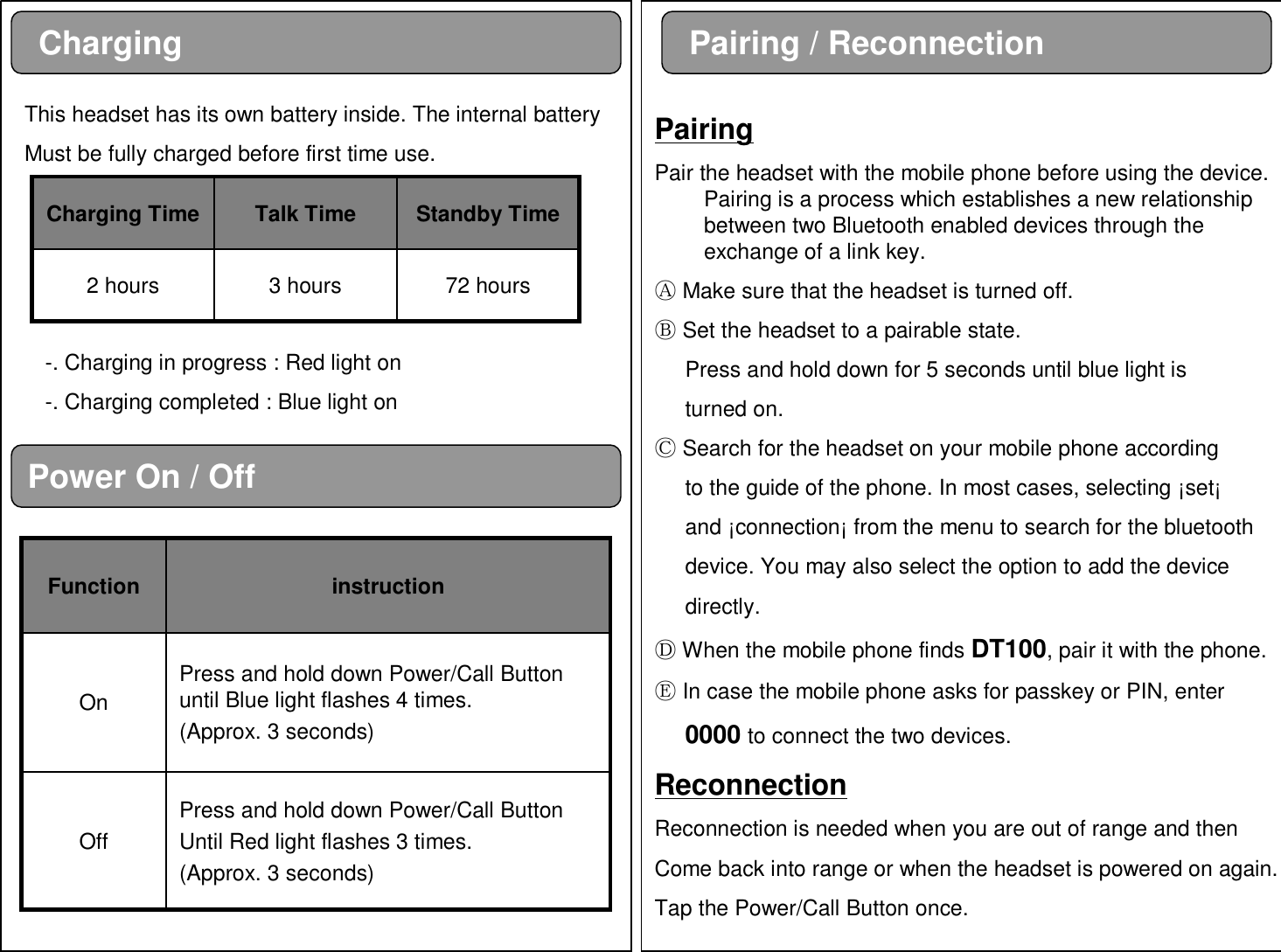 ChargingPower On / OffPairing / ReconnectionThis headset has its own battery inside. The internal batteryMust be fully charged before first time use.72 hours3 hours2 hoursStandby TimeTalk TimeCharging Time-. Charging in progress : Red light on-. Charging completed : Blue light onPress and hold down Power/Call ButtonUntil Red light flashes 3 times.(Approx. 3 seconds)OffPress and hold down Power/Call Button until Blue light flashes 4 times.(Approx. 3 seconds)OninstructionFunctionPairingPair the headset with the mobile phone before using the device. Pairing is a process which establishes a new relationship between two Bluetooth enabled devices through the exchange of a link key.ⒶMake sure that the headset is turned off.ⒷSet the headset to a pairable state.Press and hold down for 5 seconds until blue light isturned on.ⒸSearch for the headset on your mobile phone according to the guide of the phone. In most cases, selecting ¡set¡and ¡connection¡ from the menu to search for the bluetoothdevice. You may also select the option to add the device directly.ⒹWhen the mobile phone finds DT100, pair it with the phone.ⒺIn case the mobile phone asks for passkey or PIN, enter0000 to connect the two devices.ReconnectionReconnection is needed when you are out of range and thenCome back into range or when the headset is powered on again.Tap the Power/Call Button once.
