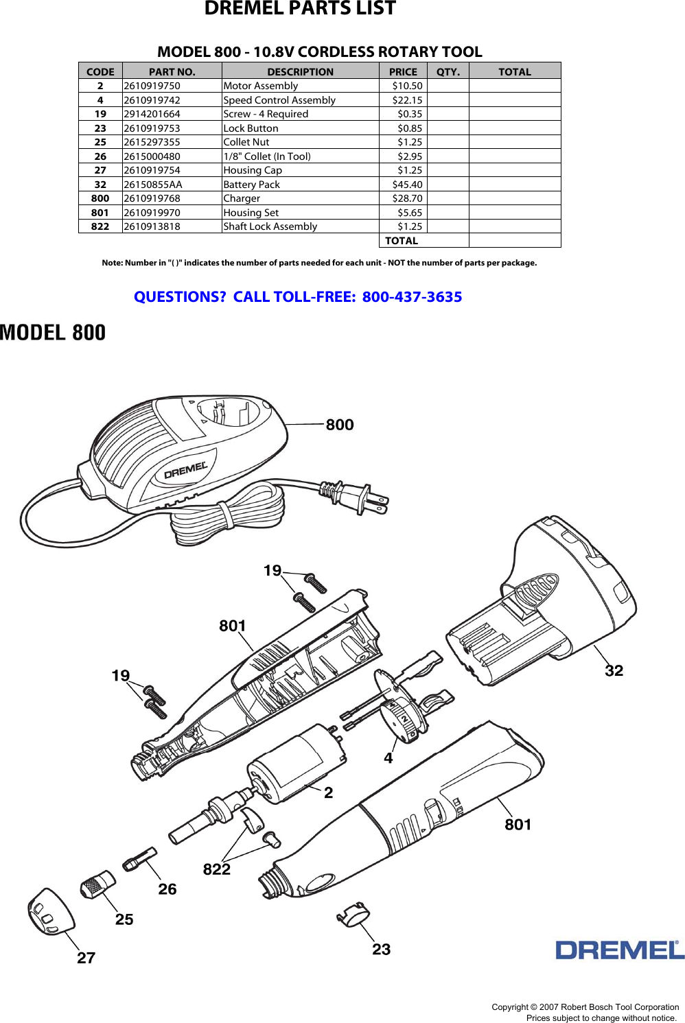 Page 1 of 2 - Dremel Dremel-10-8V-Cordless-Rotary-Tool-800-Users-Manual- RotaryTools_PartsLists  Dremel-10-8v-cordless-rotary-tool-800-users-manual