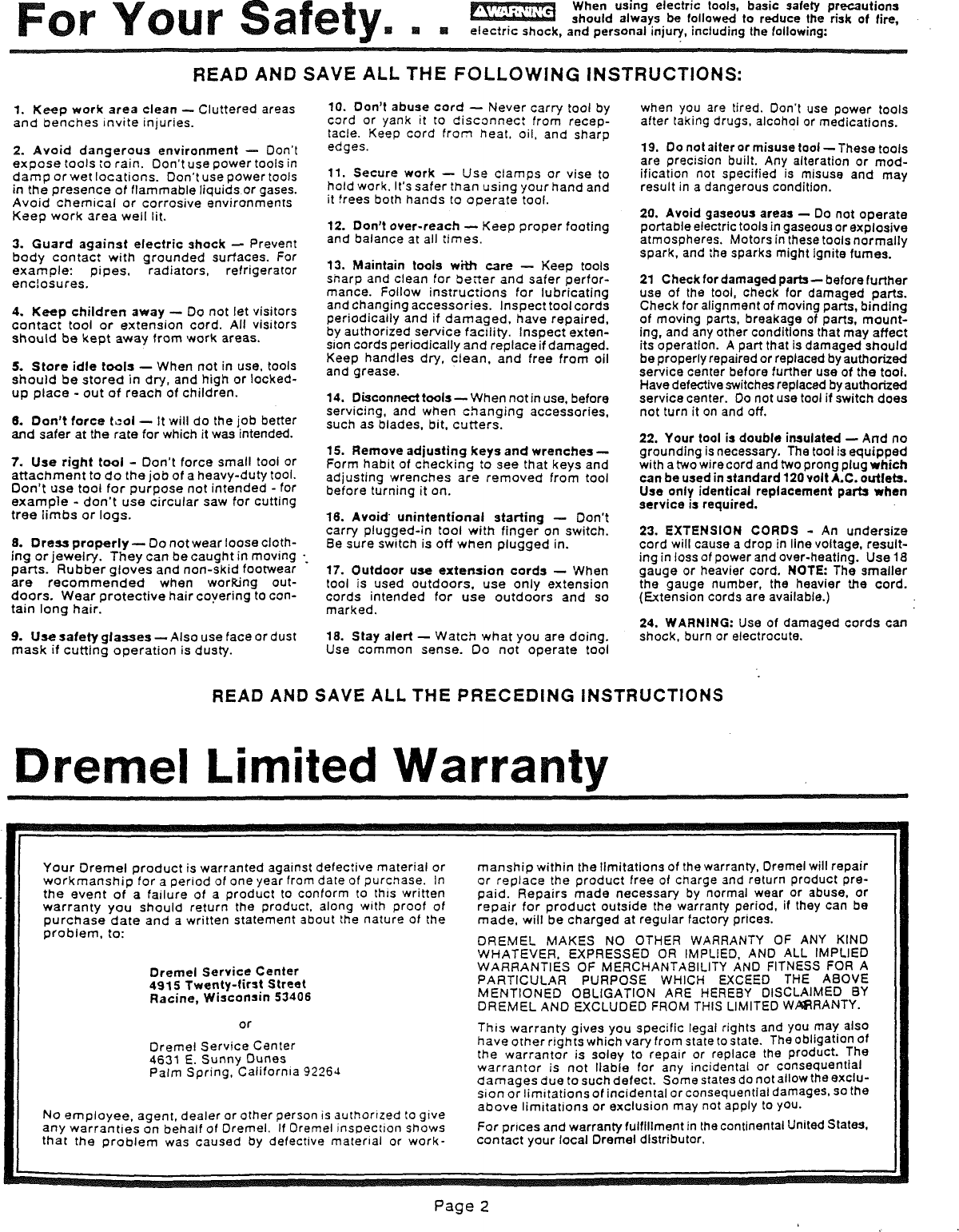 Page 2 of 8 - Dremel Dremel-Moto-Tool-275-Users-Manual-  Dremel-moto-tool-275-users-manual