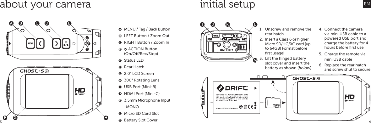 43about your camera initial setup  MENU / Tag / Back Button  LEFT Button / Zoom Out  RIGHT Button / Zoom In   ACTION Button  (On/O/Rec/Stop)  Status LED  Rear Hatch  2.0&rdquo; LCD Screen  300&deg; Rotating Lens  USB Port (Mini-B)  HDMI Port (Mini-C)  3.5mm Microphone Input  -MONO  Micro SD Card Slot  Battery Slot CoverADCB EF G HIJK L1.  Unscrew and remove the rear hatch2.  Insert a Class 6 or higher Micro SD/HC/XC card (up to 64GB) Format before ﬁrst usage!3.  Lift the hinged battery slot cover and insert the battery as shown (below)4.  Connect the camera via mini USB cable to a powered USB port and charge the battery for 4 hours before ﬁrst use5.  Charge the remote via  mini USB cable6.  Replace the rear hatch and screw shut to secure
