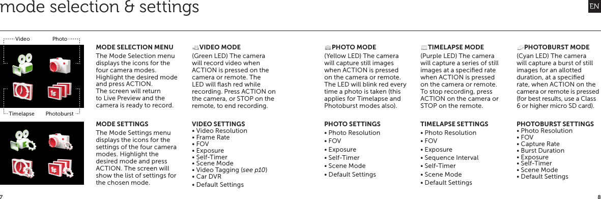 87mode selection &amp; settings  VIDEO MODE(Green LED) The camera will record video when ACTION is pressed on the camera or remote. The LED will ﬂash red while recording. Press ACTION on the camera, or STOP on the remote, to end recording.MODE SELECTION MENUThe Mode Selection menu displays the icons for the four camera modes. Highlight the desired mode and press ACTION. The screen will return to Live Preview and the camera is ready to record.  TIMELAPSE MODE(Purple LED) The camera will capture a series of still images at a speciﬁed rate when ACTION is pressed on the camera or remote. To stop recording, press ACTION on the camera or STOP on the remote.  PHOTO MODE(Yellow LED) The camera will capture still images when ACTION is pressed on the camera or remote. The LED will blink red every time a photo is taken (this applies for Timelapse and Photoburst modes also).  PHOTOBURST MODE(Cyan LED) The camera will capture a burst of still images for an allotted duration, at a speciﬁed rate, when ACTION on the camera or remote is pressed (for best results, use a Class 6 or higher micro SD card).MODE SETTINGSThe Mode Settings menu displays the icons for the settings of the four camera modes. Highlight the desired mode and press ACTION. The screen will show the list of settings for the chosen mode.VIDEO SETTINGS&bull; Video Resolution&bull; Frame Rate&bull; FOV&bull; Exposure&bull; Self-Timer&bull; Scene Mode&bull; Video Tagging (see p10)&bull; Car DVR&bull; Default SettingsPHOTO SETTINGS&bull; Photo Resolution&bull; FOV&bull; Exposure&bull; Self-Timer&bull; Scene Mode&bull; Default SettingsTIMELAPSE SETTINGS&bull; Photo Resolution&bull; FOV&bull; Exposure&bull; Sequence Interval&bull; Self-Timer&bull; Scene Mode&bull; Default SettingsPHOTOBURST SETTINGS&bull; Photo Resolution&bull; FOV&bull; Capture Rate&bull; Burst Duration&bull; Exposure&bull; Self-Timer&bull; Scene Mode&bull; Default SettingsVideoTimelapsePhotoPhotoburst