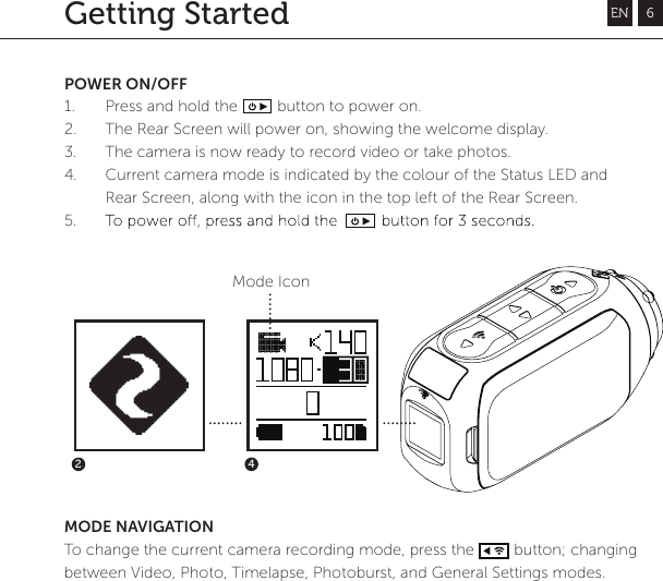 EN 6POWER ON/OFF1. Press and hold the         button to power on.2.  The Rear Screen will power on, showing the welcome display. 3. The camera is now ready to record video or take photos.4. Current camera mode is indicated by the colour of the Status LED and Rear Screen, along with the icon in the top left of the Rear Screen.5. 2 4Getting Started MODE NAVIGATIONTo change the current camera recording mode, press the         button; changing between Video, Photo, Timelapse, Photoburst, and General Settings modes. Mode Icon