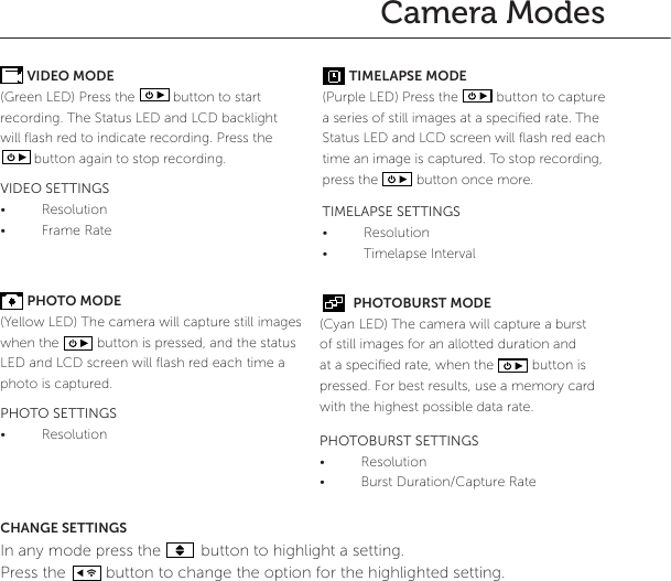 7Camera Modes        VIDEO MODE(Green LED) Press the          button to start recording. The Status LED and LCD backlight will ﬂash red to indicate recording. Press the       button again to stop recording. VIDEO SETTINGS&bull; Resolution &bull; Frame Rate        PHOTO MODE(Yellow LED) The camera will capture still images when the          button is pressed, and the status LED and LCD screen will ﬂash red each time a photo is captured.  PHOTO SETTINGS&bull; ResolutionCHANGE SETTINGSIn any mode press the         button to highlight a setting.Press the         button to change the option for the highlighted setting.        TIMELAPSE MODE(Purple LED) Press the          button to capture a series of still images at a speciﬁed rate. The Status LED and LCD screen will ﬂash red each time an image is captured. To stop recording, press the          button once more. TIMELAPSE SETTINGS&bull; Resolution&bull; Timelapse Interval          PHOTOBURST MODE(Cyan LED) The camera will capture a burst of still images for an allotted duration and at a speciﬁed rate, when the          button is pressed. For best results, use a memory card with the highest possible data rate.  PHOTOBURST SETTINGS&bull; Resolution&bull; Burst Duration/Capture Rate