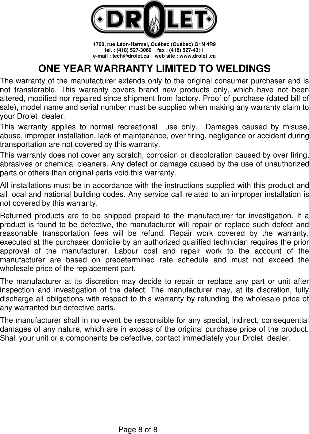 Page 9 of 9 - Drolet Drolet-Hunter-Wood-Stove-Users-Manual- GUIDE DU POLE BOIS  Drolet-hunter-wood-stove-users-manual
