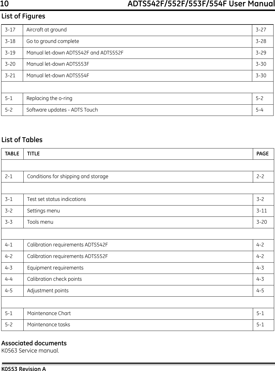 10                                                             ADTS542F/552F/553F/554F User ManualK0553 Revision AAssociated documentsK0563 Service manual.3-17 Aircraft at ground 3-273-18 Go to ground complete 3-283-19 Manual let-down ADTS542F and ADTS552F 3-293-20 Manual let-down ADTS553F 3-303-21 Manual let-down ADTS554F 3-305-1 Replacing the o-ring 5-25-2 Software updates - ADTS Touch 5-4List of TablesTABLE TITLE PAGE2-1 Conditions for shipping and storage 2-23-1 Test set status indications 3-23-2 Settings menu 3-113-3 Tools menu 3-204-1 Calibration requirements ADTS542F 4-24-2 Calibration requirements ADTS552F 4-24-3 Equipment requirements 4-34-4 Calibration check points 4-34-5 Adjustment points 4-55-1 Maintenance Chart 5-15-2 Maintenance tasks 5-1List of Figures