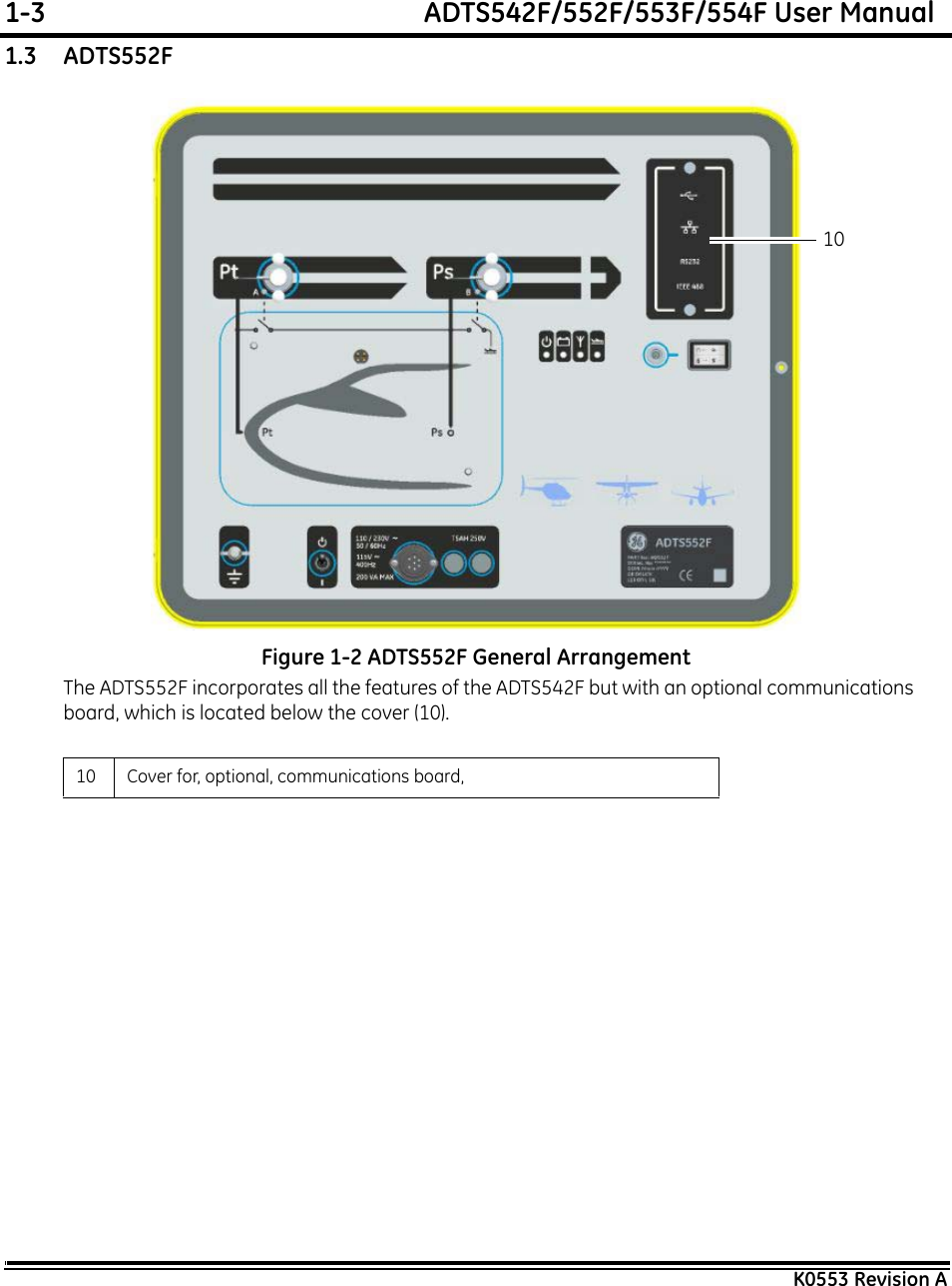 1-3  ADTS542F/552F/553F/554F User ManualK0553 Revision A1.3    ADTS552FFigure 1-2 ADTS552F General ArrangementThe ADTS552F incorporates all the features of the ADTS542F but with an optional communications board, which is located below the cover (10).10 Cover for, optional, communications board, 10