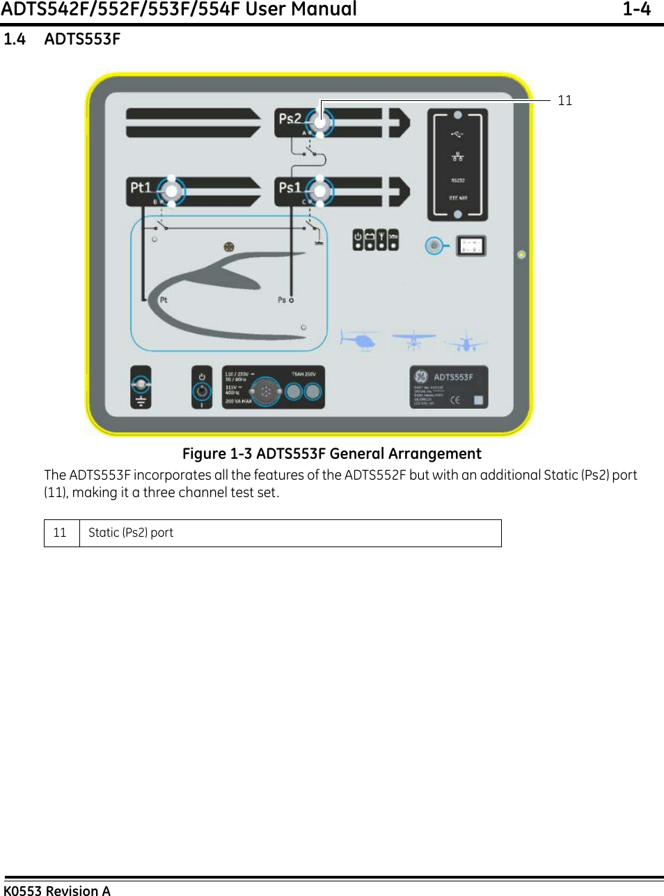 ADTS542F/552F/553F/554F User Manual  1-4K0553 Revision A1.4    ADTS553FFigure 1-3 ADTS553F General ArrangementThe ADTS553F incorporates all the features of the ADTS552F but with an additional Static (Ps2) port (11), making it a three channel test set.11 Static (Ps2) port 11