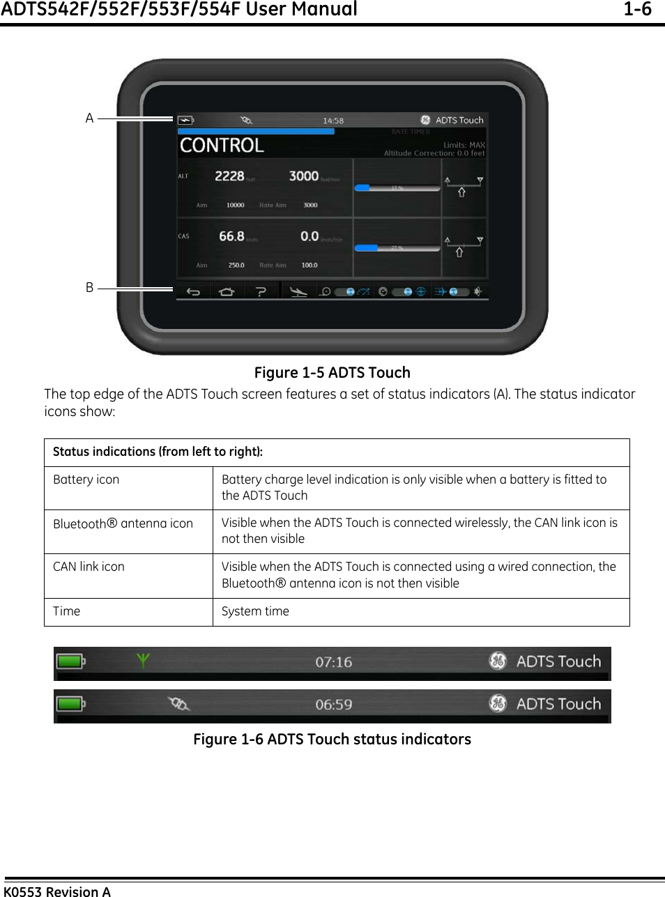 ADTS542F/552F/553F/554F User Manual  1-6K0553 Revision AFigure 1-5 ADTS TouchThe top edge of the ADTS Touch screen features a set of status indicators (A). The status indicator icons show:Figure 1-6 ADTS Touch status indicatorsStatus indications (from left to right):Battery icon Battery charge level indication is only visible when a battery is fitted to the ADTS TouchBluetooth® antenna icon Visible when the ADTS Touch is connected wirelessly, the CAN link icon is not then visibleCAN link icon Visible when the ADTS Touch is connected using a wired connection, the Bluetooth® antenna icon is not then visibleTime System timeAB