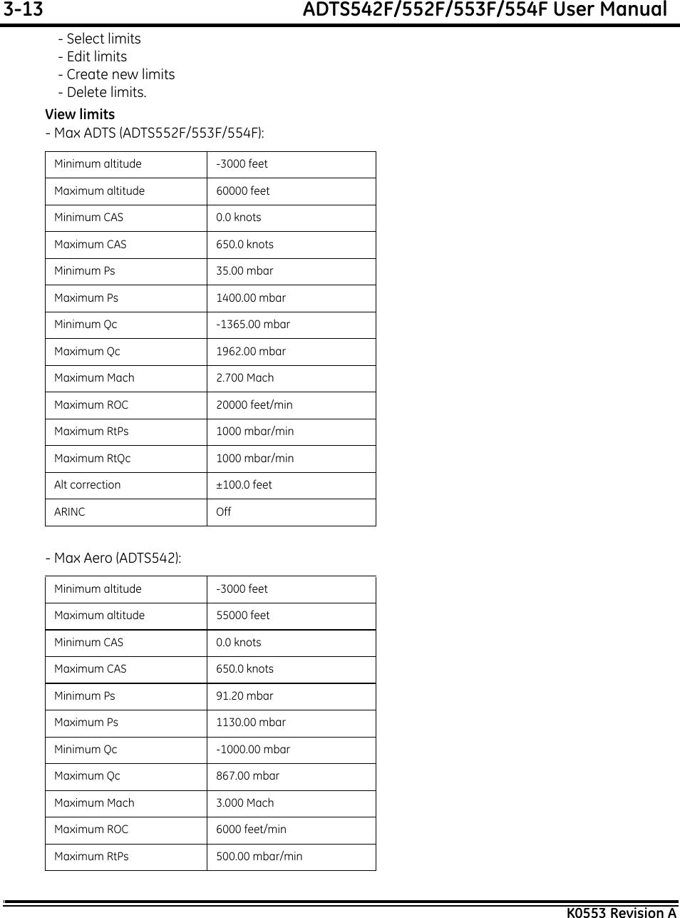 3-13  ADTS542F/552F/553F/554F User ManualK0553 Revision A- Select limits- Edit limits- Create new limits- Delete limits.View limits- Max ADTS (ADTS552F/553F/554F): - Max Aero (ADTS542): Minimum altitude -3000 feetMaximum altitude 60000 feetMinimum CAS 0.0 knotsMaximum CAS 650.0 knotsMinimum Ps 35.00 mbarMaximum Ps 1400.00 mbarMinimum Qc -1365.00 mbarMaximum Qc 1962.00 mbarMaximum Mach 2.700 MachMaximum ROC 20000 feet/minMaximum RtPs 1000 mbar/minMaximum RtQc 1000 mbar/minAlt correction ±100.0 feetARINC OffMinimum altitude -3000 feetMaximum altitude 55000 feetMinimum CAS 0.0 knotsMaximum CAS 650.0 knotsMinimum Ps 91.20 mbarMaximum Ps 1130.00 mbarMinimum Qc -1000.00 mbarMaximum Qc 867.00 mbarMaximum Mach 3.000 MachMaximum ROC 6000 feet/minMaximum RtPs 500.00 mbar/min