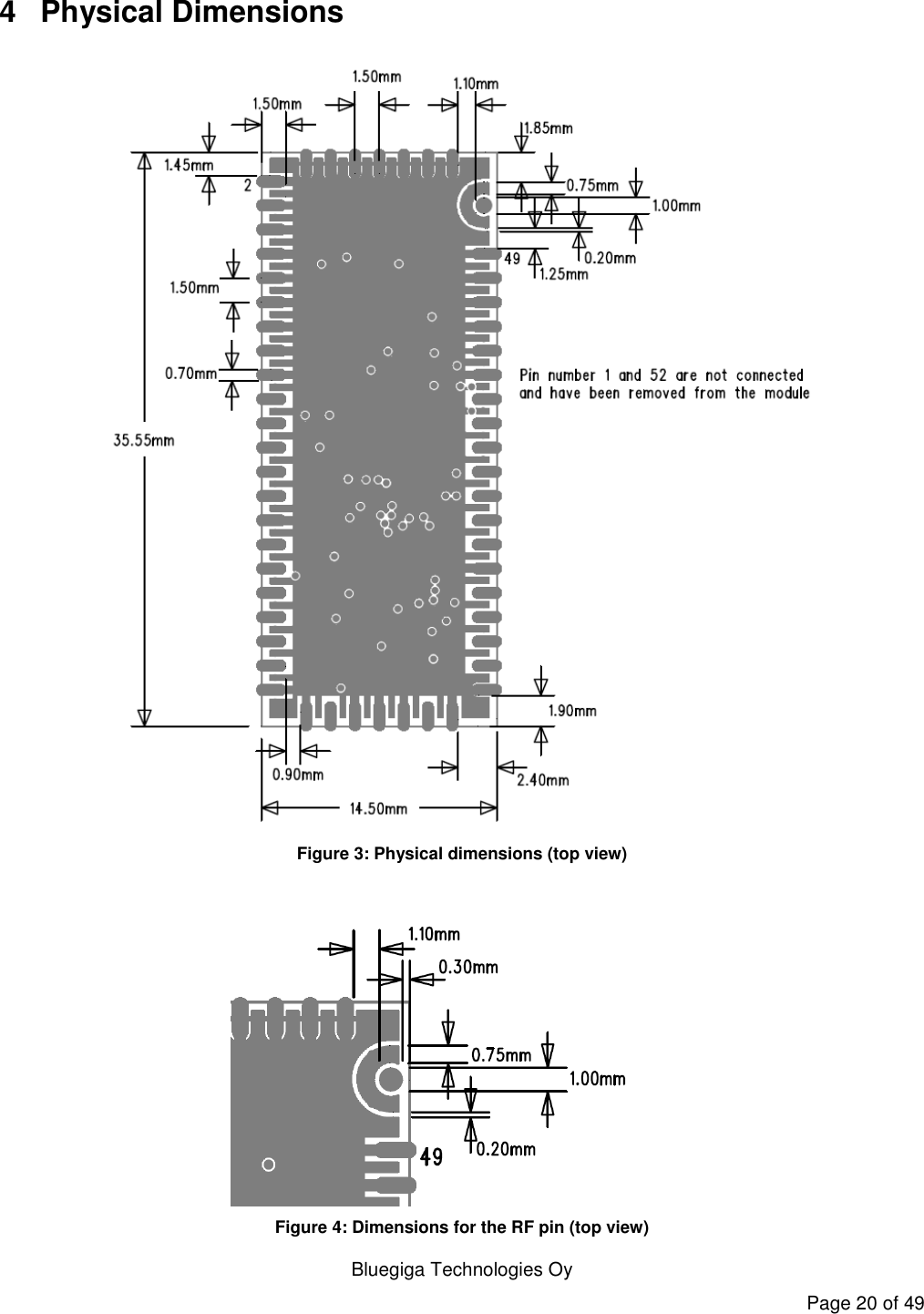   Bluegiga Technologies Oy Page 20 of 49 4  Physical Dimensions  Figure 3: Physical dimensions (top view)   Figure 4: Dimensions for the RF pin (top view) 