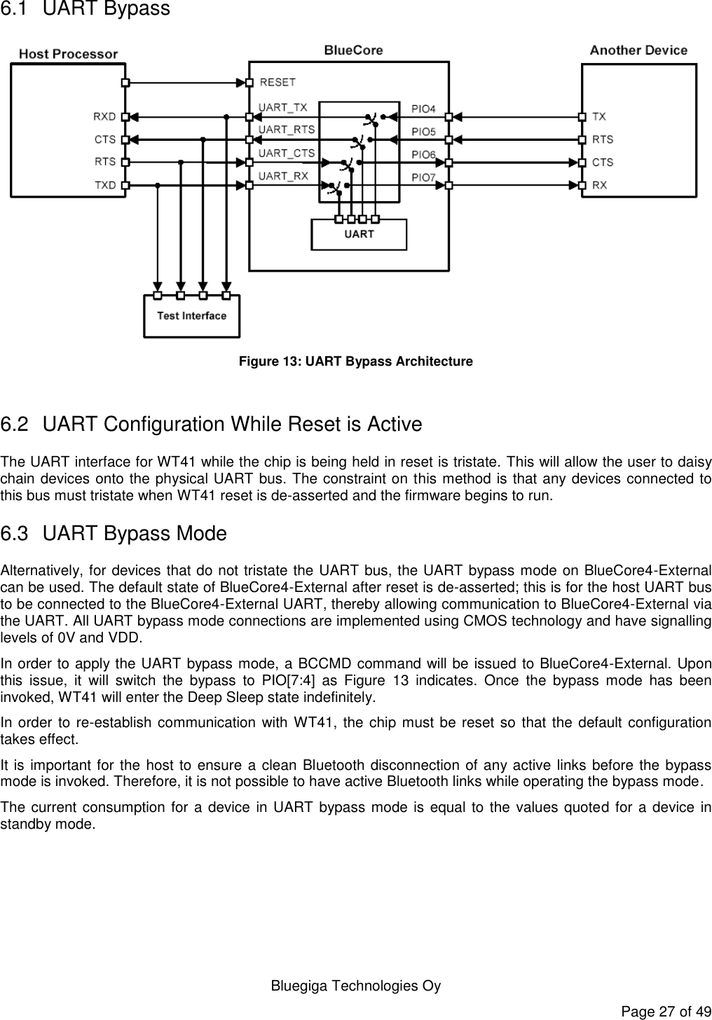   Bluegiga Technologies Oy Page 27 of 49 6.1  UART Bypass  Figure 13: UART Bypass Architecture  6.2  UART Configuration While Reset is Active The UART interface for WT41 while the chip is being held in reset is tristate. This will allow the user to daisy chain devices onto the physical UART bus. The constraint on this method is that any devices connected to this bus must tristate when WT41 reset is de-asserted and the firmware begins to run. 6.3  UART Bypass Mode Alternatively, for devices that do not tristate the UART bus, the UART bypass mode on BlueCore4-External can be used. The default state of BlueCore4-External after reset is de-asserted; this is for the host UART bus to be connected to the BlueCore4-External UART, thereby allowing communication to BlueCore4-External via the UART. All UART bypass mode connections are implemented using CMOS technology and have signalling levels of 0V and VDD. In order to apply the UART bypass mode, a BCCMD command will be issued to BlueCore4-External. Upon this  issue,  it  will  switch  the  bypass  to  PIO[7:4]  as  Figure  13  indicates.  Once  the  bypass  mode  has  been invoked, WT41 will enter the Deep Sleep state indefinitely. In order to re-establish communication with WT41, the chip must be reset so that the default configuration takes effect. It is important for the host to ensure a clean Bluetooth disconnection of any active links before the bypass mode is invoked. Therefore, it is not possible to have active Bluetooth links while operating the bypass mode. The current consumption for a device in UART bypass mode is equal to the  values quoted for a device in standby mode. 