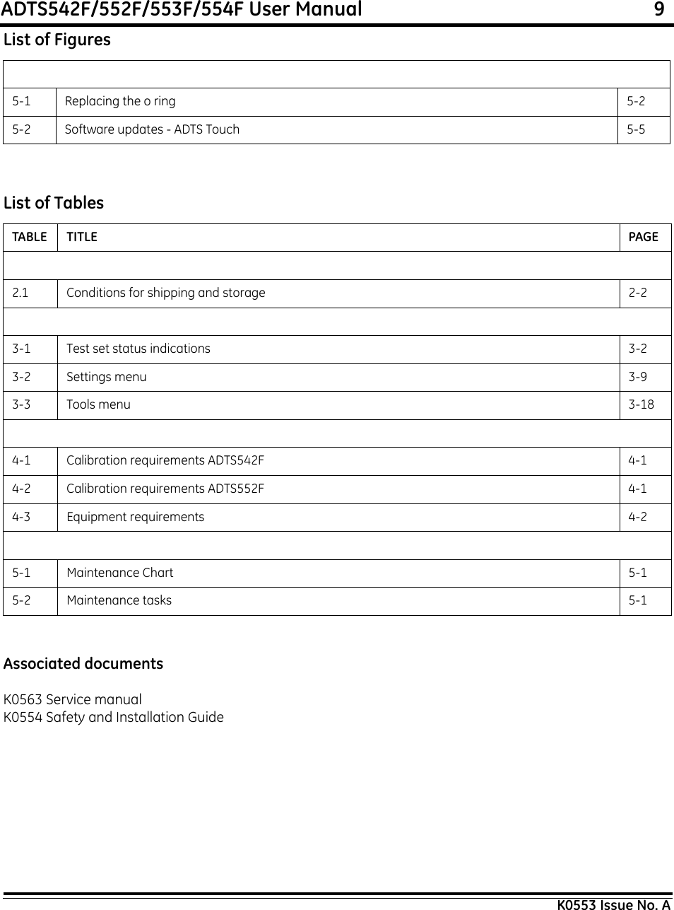 ADTS542F/552F/553F/554F User Manual                                                             9K0553 Issue No. AAssociated documentsK0563 Service manual K0554 Safety and Installation Guide5-1 Replacing the o ring 5-25-2 Software updates - ADTS Touch 5-5List of TablesTABLE TITLE PAGE2.1 Conditions for shipping and storage 2-23-1 Test set status indications 3-23-2 Settings menu 3-93-3 Tools menu 3-184-1 Calibration requirements ADTS542F 4-14-2 Calibration requirements ADTS552F 4-14-3 Equipment requirements 4-25-1 Maintenance Chart 5-15-2 Maintenance tasks 5-1List of Figures