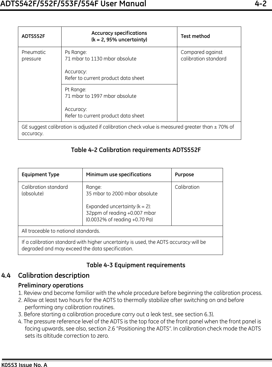 ADTS542F/552F/553F/554F User Manual  4-2K0553 Issue No. ATable 4-2 Calibration requirements ADTS552FTable 4-3 Equipment requirements4.4 Calibration descriptionPreliminary operations1. Review and become familiar with the whole procedure before beginning the calibration process.2. Allow at least two hours for the ADTS to thermally stabilize after switching on and before performing any calibration routines.3. Before starting a calibration procedure carry out a leak test, see section 6.3).4. The pressure reference level of the ADTS is the top face of the front panel when the front panel is facing upwards, see also, section 2.6 “Positioning the ADTS”. In calibration check mode the ADTS sets its altitude correction to zero.ADTS552F Accuracy specifications(k = 2, 95% uncertainty) Test methodPneumaticpressurePs Range: 71 mbar to 1130 mbar absoluteAccuracy: Refer to current product data sheetCompared againstcalibration standardPt Range: 71 mbar to 1997 mbar absoluteAccuracy: Refer to current product data sheetGE suggest calibration is adjusted if calibration check value is measured greater than ± 70% of accuracy.Equipment Type Minimum use specifications PurposeCalibration standard(absolute)Range: 35 mbar to 2000 mbar absoluteExpanded uncertainty (k = 2):32ppm of reading +0.007 mbar(0.0032% of reading +0.70 Pa)CalibrationAll traceable to national standards.If a calibration standard with higher uncertainty is used, the ADTS accuracy will be degraded and may exceed the data specification.