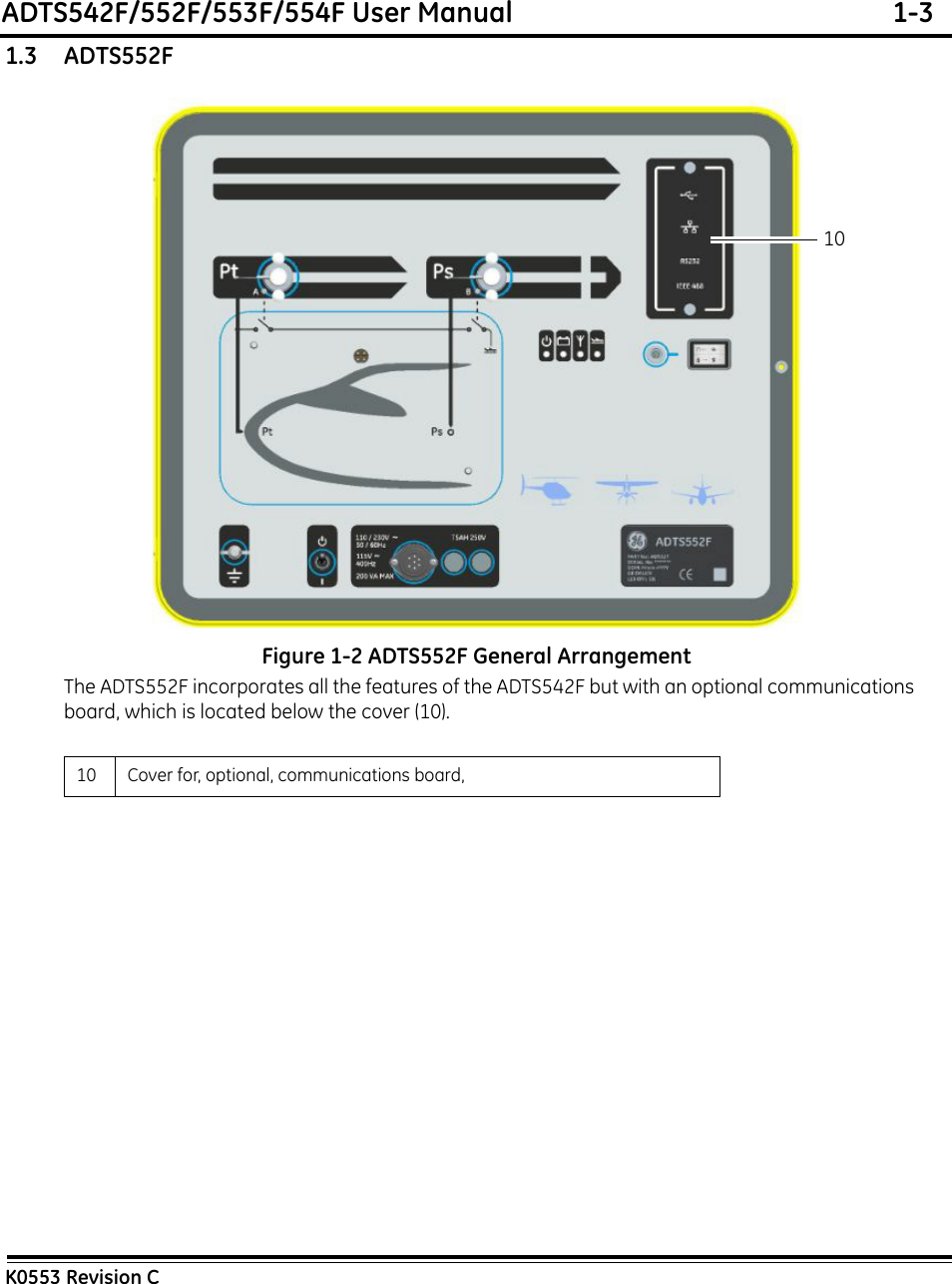 ADTS542F/552F/553F/554F User Manual  1-3K0553 Revision C1.3    ADTS552FFigure 1-2 ADTS552F General ArrangementThe ADTS552F incorporates all the features of the ADTS542F but with an optional communications board, which is located below the cover (10).10 Cover for, optional, communications board, 10