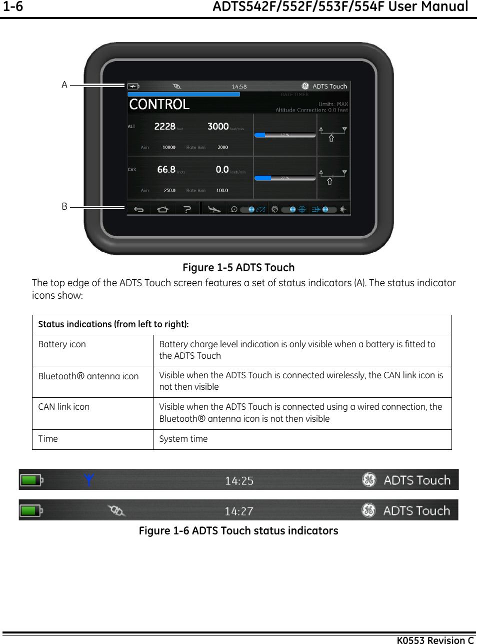 1-6  ADTS542F/552F/553F/554F User ManualK0553 Revision CFigure 1-5 ADTS TouchThe top edge of the ADTS Touch screen features a set of status indicators (A). The status indicator icons show:Figure 1-6 ADTS Touch status indicatorsStatus indications (from left to right):Battery icon Battery charge level indication is only visible when a battery is fitted to the ADTS TouchBluetooth® antenna icon Visible when the ADTS Touch is connected wirelessly, the CAN link icon is not then visibleCAN link icon Visible when the ADTS Touch is connected using a wired connection, the Bluetooth® antenna icon is not then visibleTime System timeAB