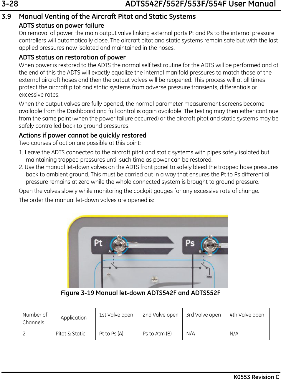 3-28  ADTS542F/552F/553F/554F User ManualK0553 Revision C3.9 Manual Venting of the Aircraft Pitot and Static SystemsADTS status on power failureOn removal of power, the main output valve linking external ports Pt and Ps to the internal pressure controllers will automatically close. The aircraft pitot and static systems remain safe but with the last applied pressures now isolated and maintained in the hoses. ADTS status on restoration of powerWhen power is restored to the ADTS the normal self test routine for the ADTS will be performed and at the end of this the ADTS will exactly equalize the internal manifold pressures to match those of the external aircraft hoses and then the output valves will be reopened. This process will at all times protect the aircraft pitot and static systems from adverse pressure transients, differentials or excessive rates.When the output valves are fully opened, the normal parameter measurement screens become available from the Dashboard and full control is again available. The testing may then either continue from the same point (when the power failure occurred) or the aircraft pitot and static systems may be safely controlled back to ground pressures.Actions if power cannot be quickly restoredTwo courses of action are possible at this point:1. Leave the ADTS connected to the aircraft pitot and static systems with pipes safely isolated but maintaining trapped pressures until such time as power can be restored.2. Use the manual let-down valves on the ADTS front panel to safely bleed the trapped hose pressures back to ambient ground. This must be carried out in a way that ensures the Pt to Ps differential pressure remains at zero while the whole connected system is brought to ground pressure.Open the valves slowly while monitoring the cockpit gauges for any excessive rate of change.The order the manual let-down valves are opened is:Figure 3-19 Manual let-down ADTS542F and ADTS552FNumber of Channels Application 1st Valve open 2nd Valve open 3rd Valve open 4th Valve open2 Pitot &amp; Static Pt to Ps (A) Ps to Atm (B) N/A N/A