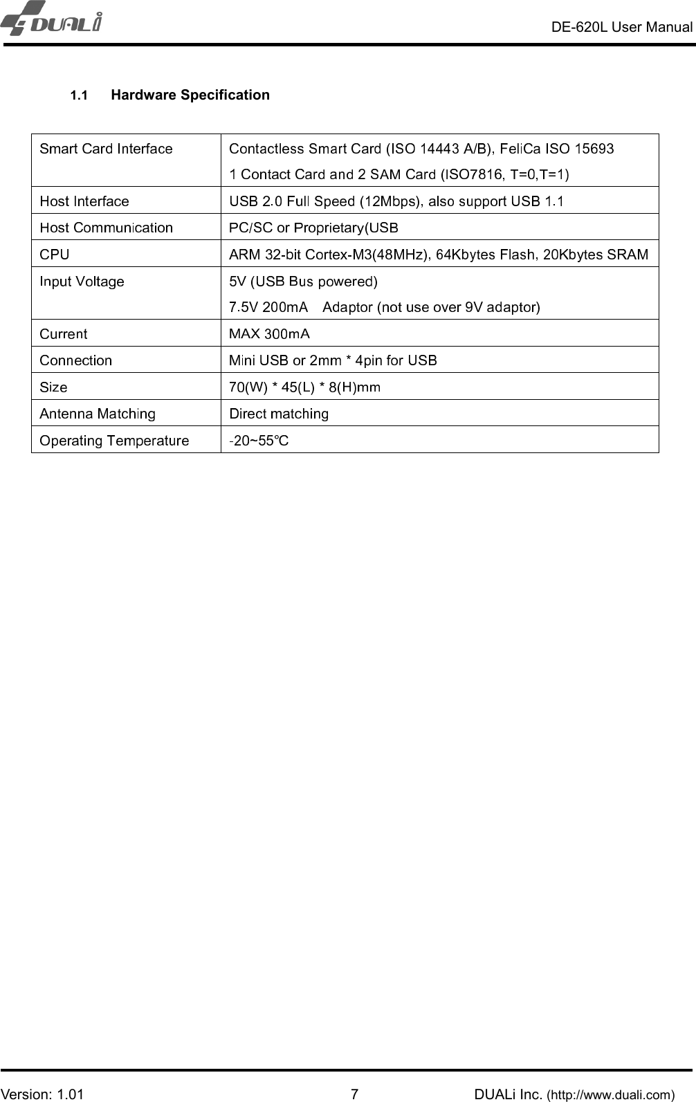  DE-620L User Manual  Version: 1.01                                                                                                            DUALi Inc. (http://www.duali.com) 71.1 Hardware Specification 