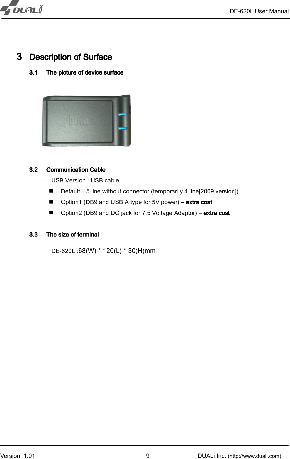   DE-620L User Manual  Version: 1.01                                                                                                            DUALi Inc. (http://www.duali.com) 93333 Description of SurfaceDescription of SurfaceDescription of SurfaceDescription of Surface            
