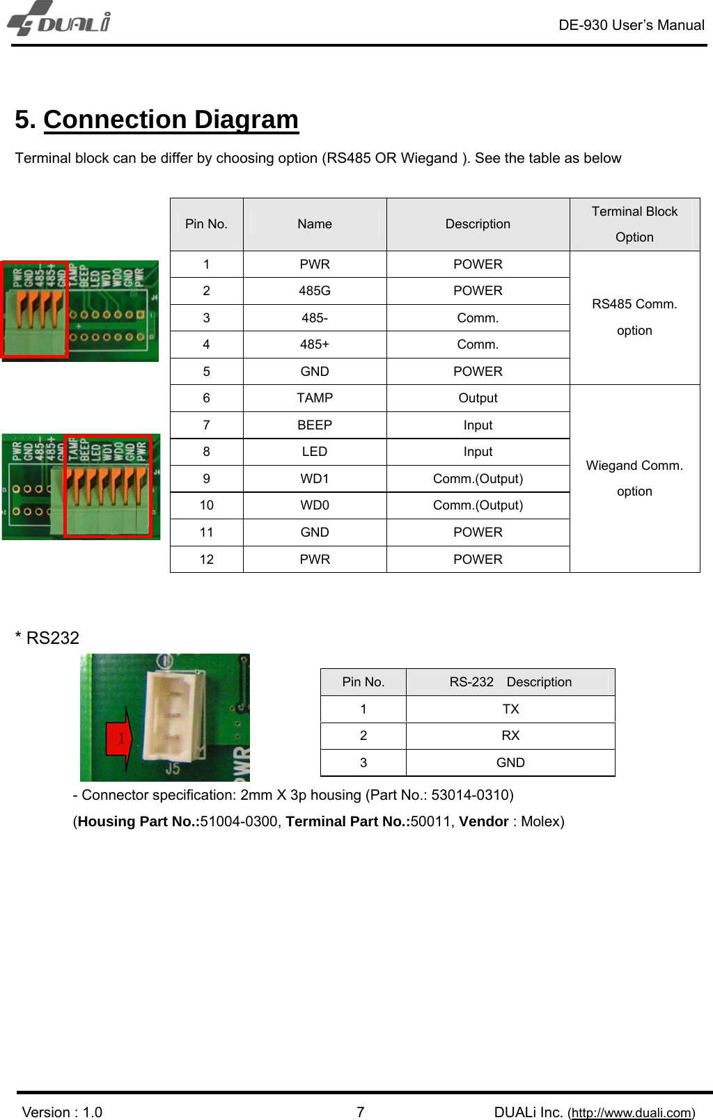 DE-930 User’s Manual   Version : 1.0                                             DUALi Inc. (http://www.duali.com) 75. Connection Diagram Terminal block can be differ by choosing option (RS485 OR Wiegand ). See the table as below  Pin No.  Name  Description Terminal Block Option 1 PWR  POWER 2 485G  POWER 3 485-  Comm. 4 485+  Comm. 5 GND  POWER RS485 Comm. option 6 TAMP  Output 7 BEEP  Input 8 LED  Input 9 WD1  Comm.(Output) 10 WD0  Comm.(Output) 11 GND  POWER 12 PWR  POWER Wiegand Comm. option   * RS232          - Connector specification: 2mm X 3p housing (Part No.: 53014-0310)  (Housing Part No.:51004-0300, Terminal Part No.:50011, Vendor : Molex)  Pin No.  RS-232  Description 1 TX 2 RX 3 GND 1 